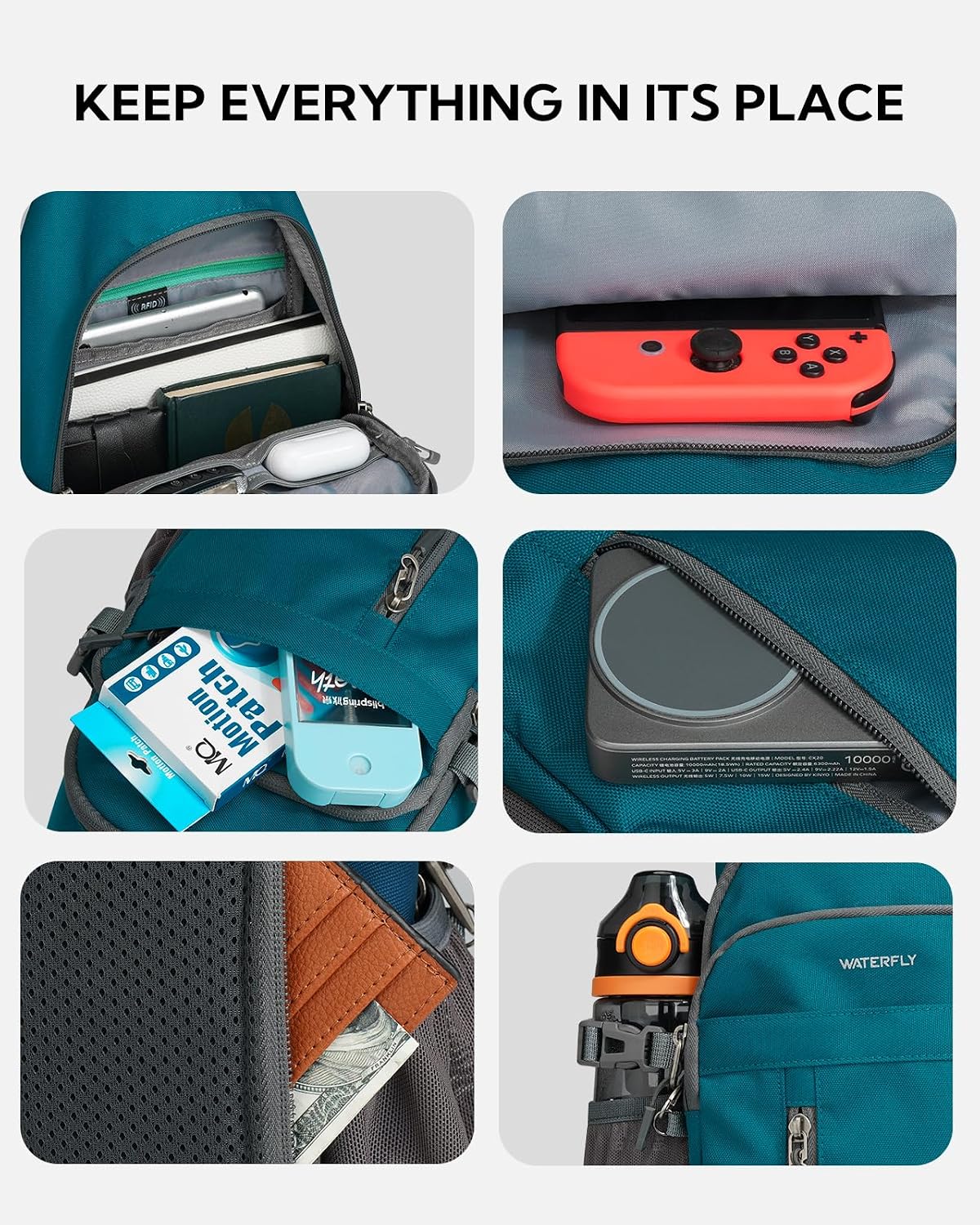 Detalle de Waterfly Sling Bag Crossbody Backpack: A versatile 6L carry with RFID protection