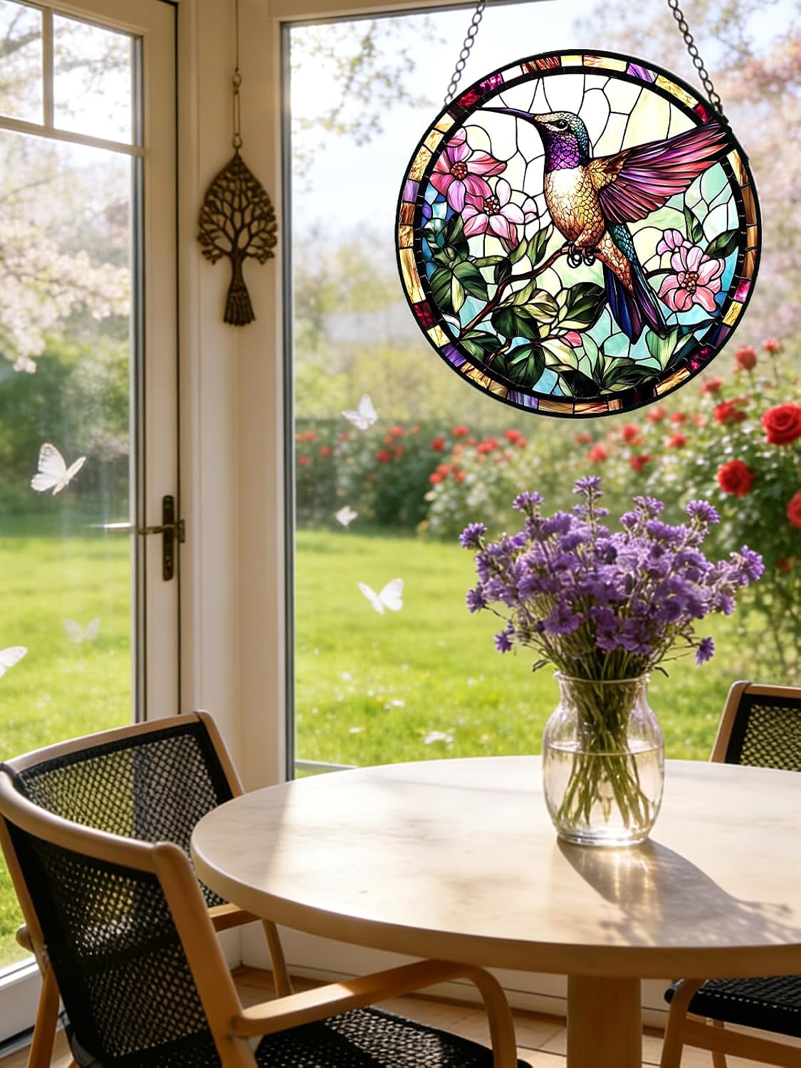 Detalle 1 de Hummingbird 7.8-Inch Stained Glass Suncatcher with Pink Flowers
