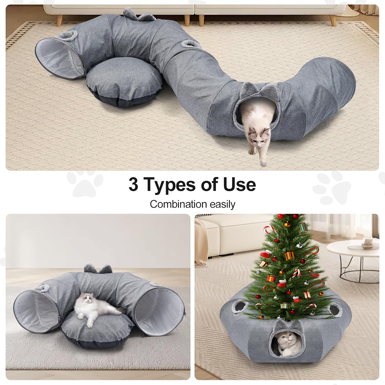 Detalle 2 de Odoland Cat Tunnel with Bed (Foldable Linen Donut Tunnel) with Hanging Ball
