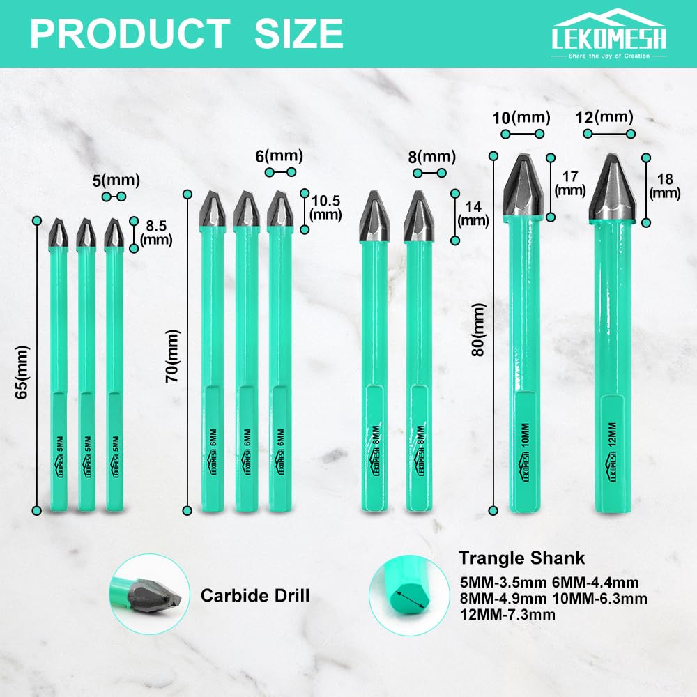 Detalle 2 de LEKOMESH Masonry Drill Bits Set – 10-Piece Triangle Shank (5mm, 6mm, 8mm, 10mm, 12mm)