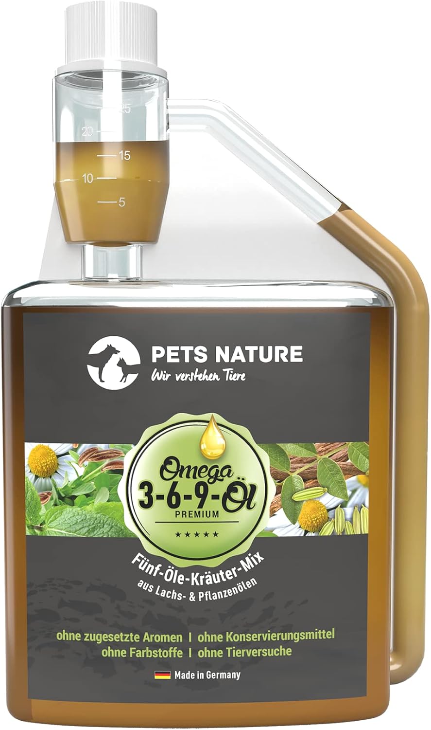 Detalle de Pets Nature Omega 3-6-9 Öl für Hunde und Katzen – Premium Kräuter-Öl mit Distel, Hanf, Lachs, Chia und Lein, 500 ml