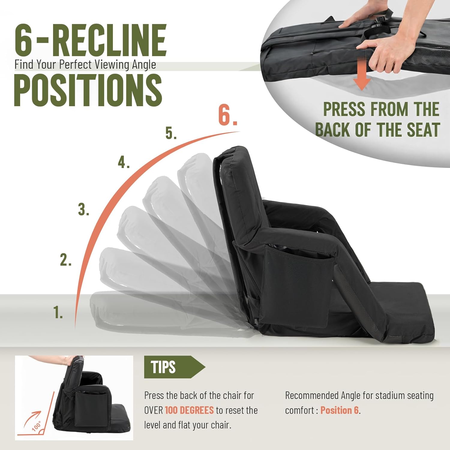 Detalle 2 de Overmont Stadium Seats-Single-H Heated Stadium Seat, Dual-Zone Heat, 6 Recline Positions