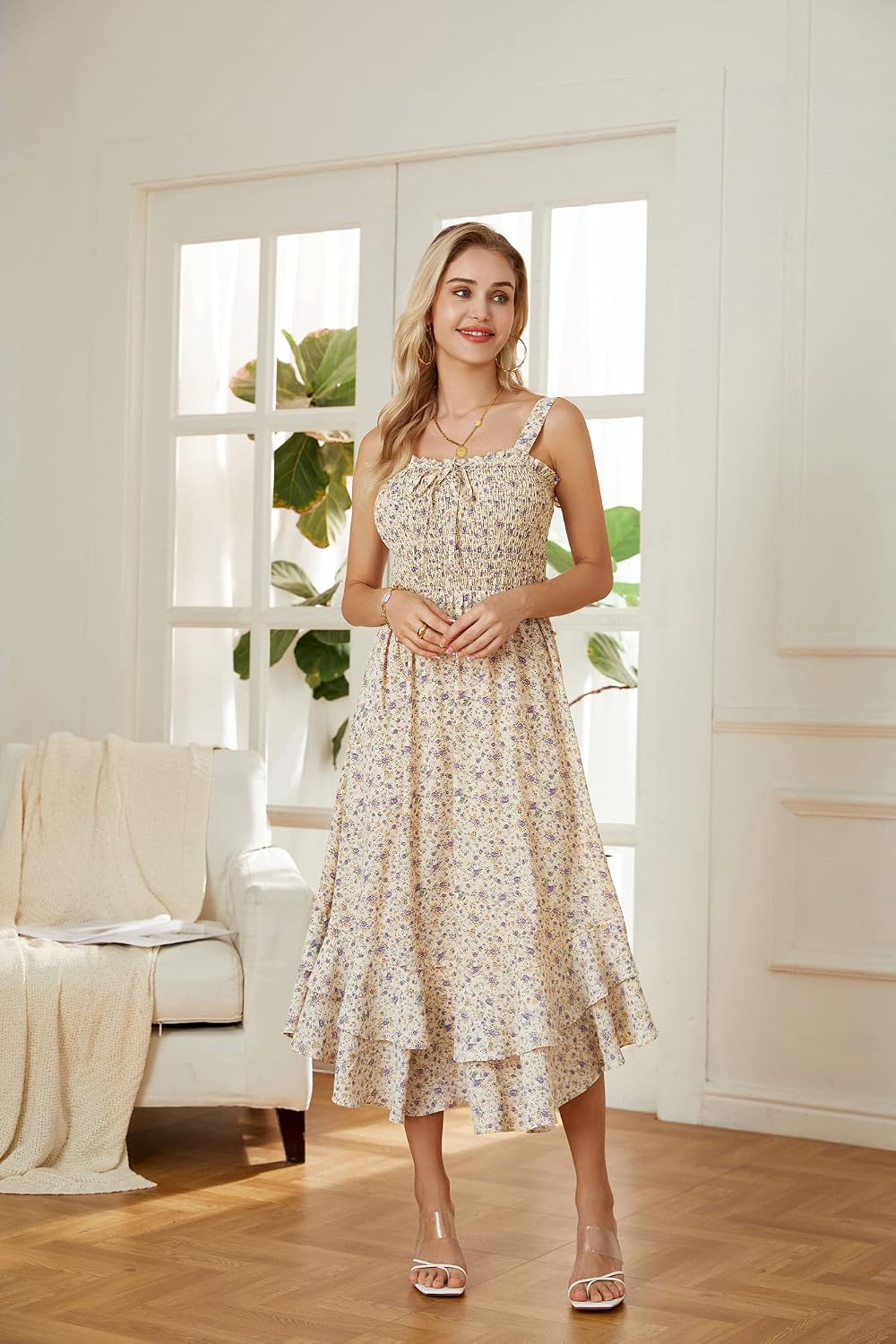 Detalle 2 de GRACE KARIN Damen langes Blumenkleid Ärmellos Spaghettiträger – Maxikleid für Strand, Freizeit & Urlaub