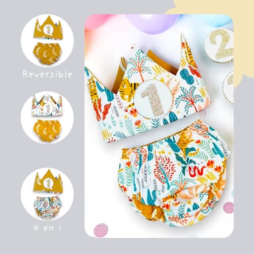 Detalle de Conjunto Cumpleaños 1 año – Regalo bebé Surikatokids: Corona ajustable, Cubrepañal reversible y algodón orgánico