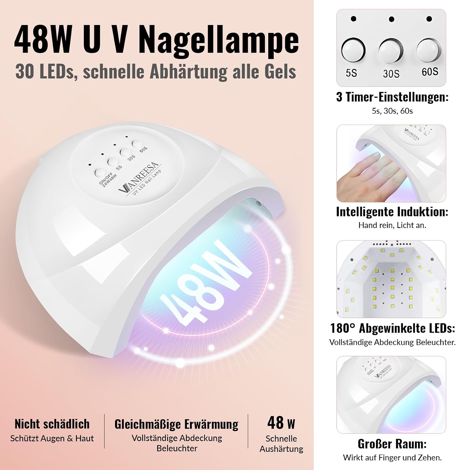 Detalle de VANREESA Gel Nägel Set mit 55 Farben und 48W UV/LED-Lampe – Komplettes Starterset für zuhause