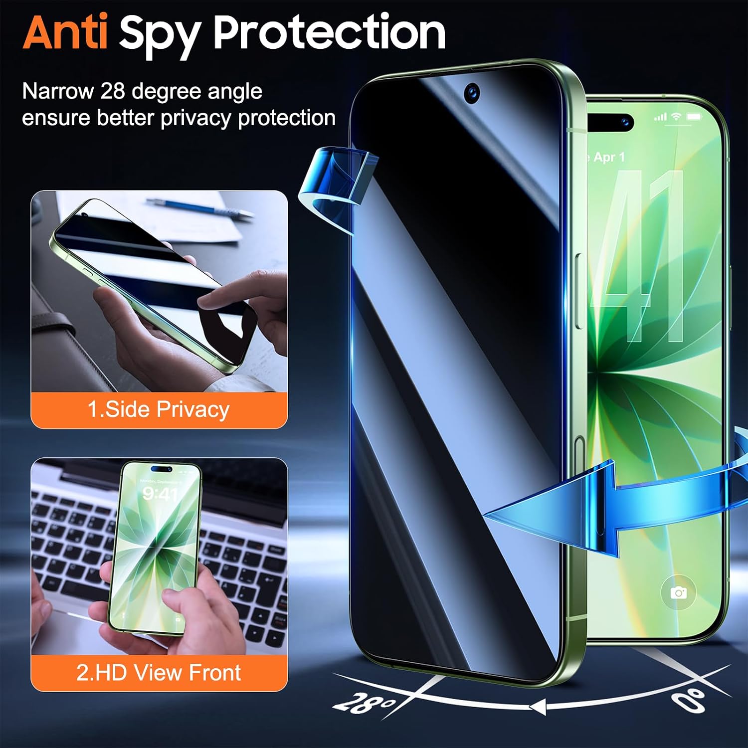 Detalle 2 de UniqueMe 17fkmc Privacy Screen Protector 2-Pack for iPhone 17/16 Pro, 9H Glass