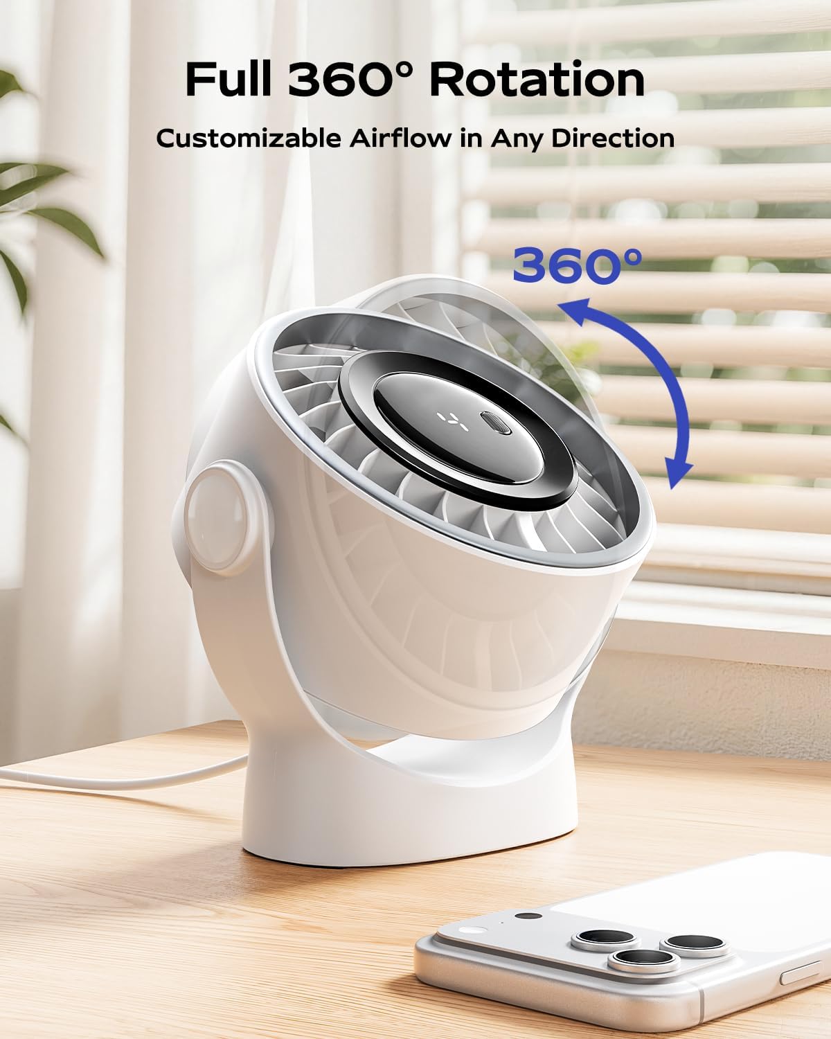 Detalle de SWEETFULL USB Desk Fan: 4-Speed Portable Personal Cooler with 360° Rotatable Head
