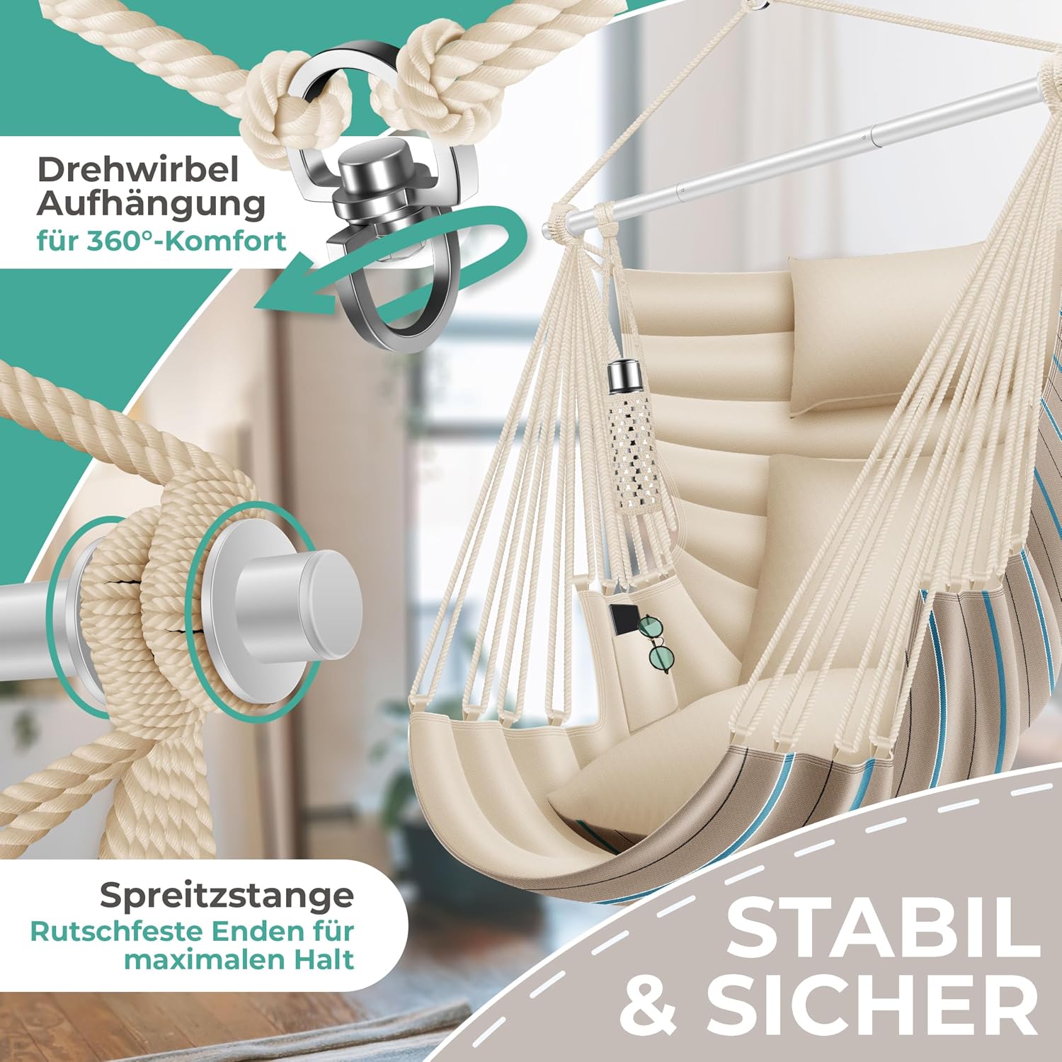 Detalle de KESSER® Haiti Hängesessel – 150 kg Traglast, 360° Drehung, UV-beständig & Wasserfest