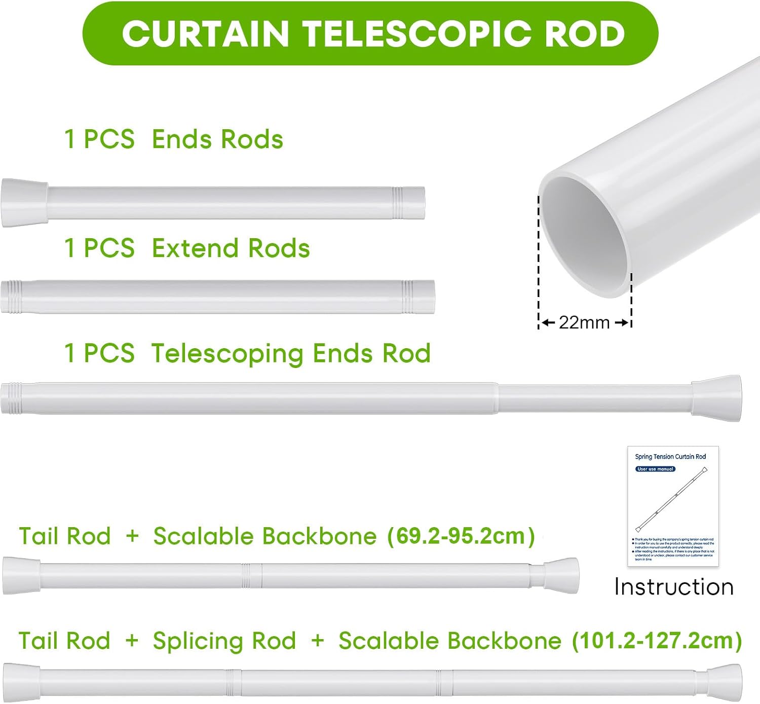 Thumbnail 2 de HAOYUNTE tension rod extendable curtain poles 70–130 cm (no-drill, spring tension)