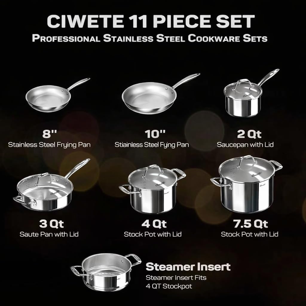 Detalle de Ciwete 11-Piece Tri-Ply Stainless Steel Cookware Set with Steamer Insert
