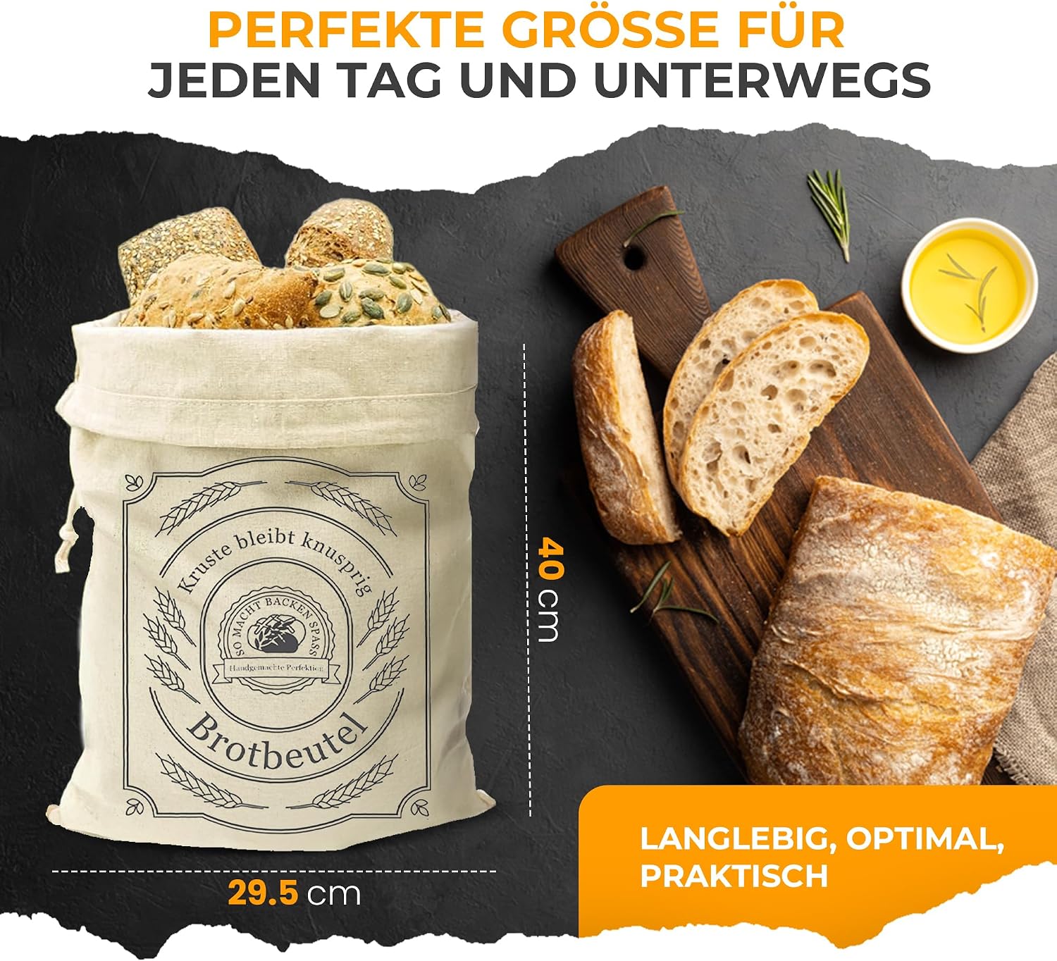 Detalle 2 de AH® Leinen Brotbeutel Set 3er 30x40 cm – atmungsaktiv, ungebleicht, wiederverwendbar