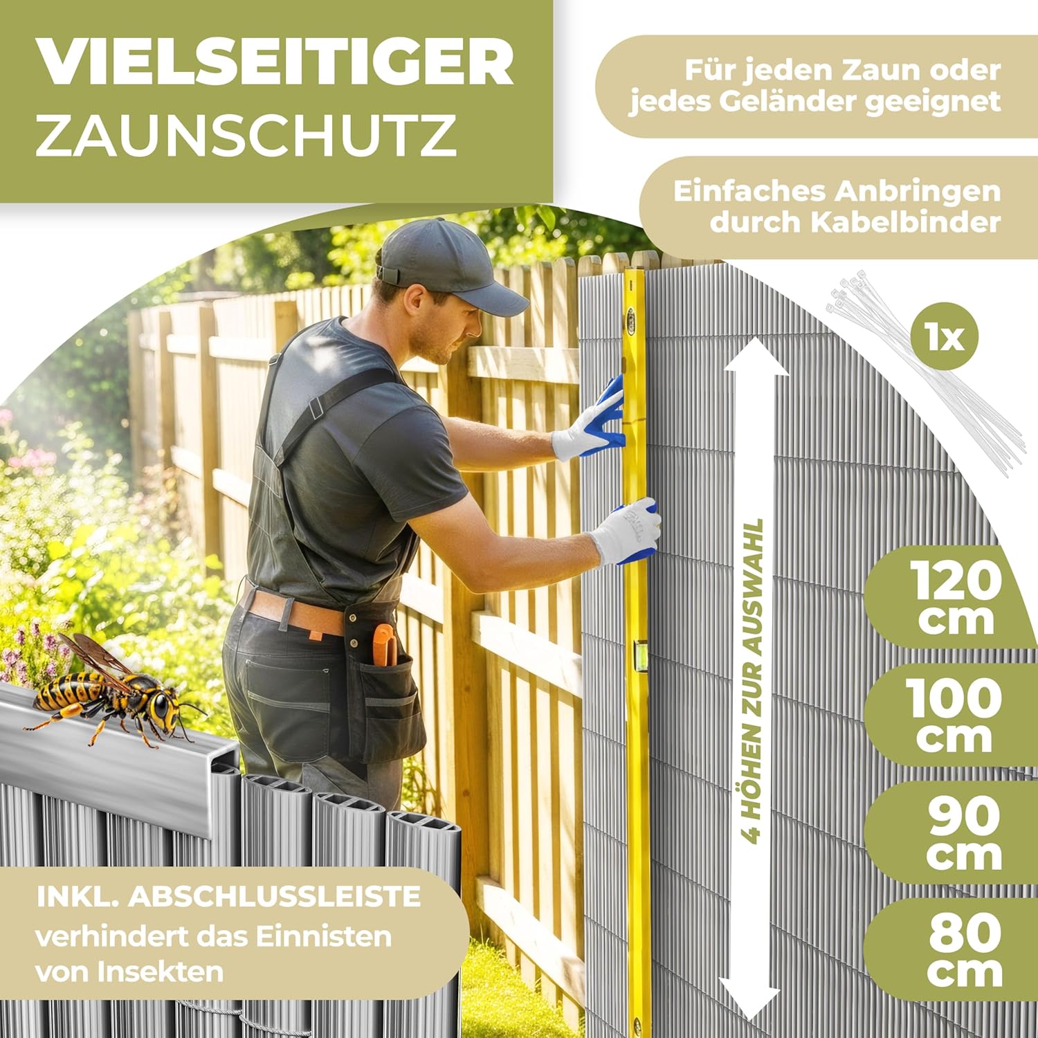 Thumbnail 2 de KESSER® PVC Sichtschutzmatte Sichtschutzzaun 80x300 cm für Balkon & Terrasse (inkl. Kabelbindern, Abdeckung & Handschuhe) – hellgrau