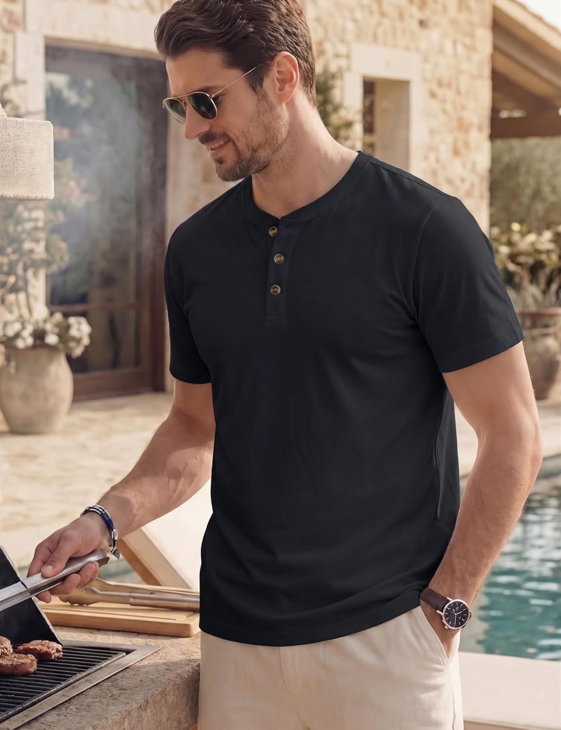 Detalle de TACVASEN Henley Shirt Herren Kurzarm – Baumwoll-Hemd mit Knopfleiste