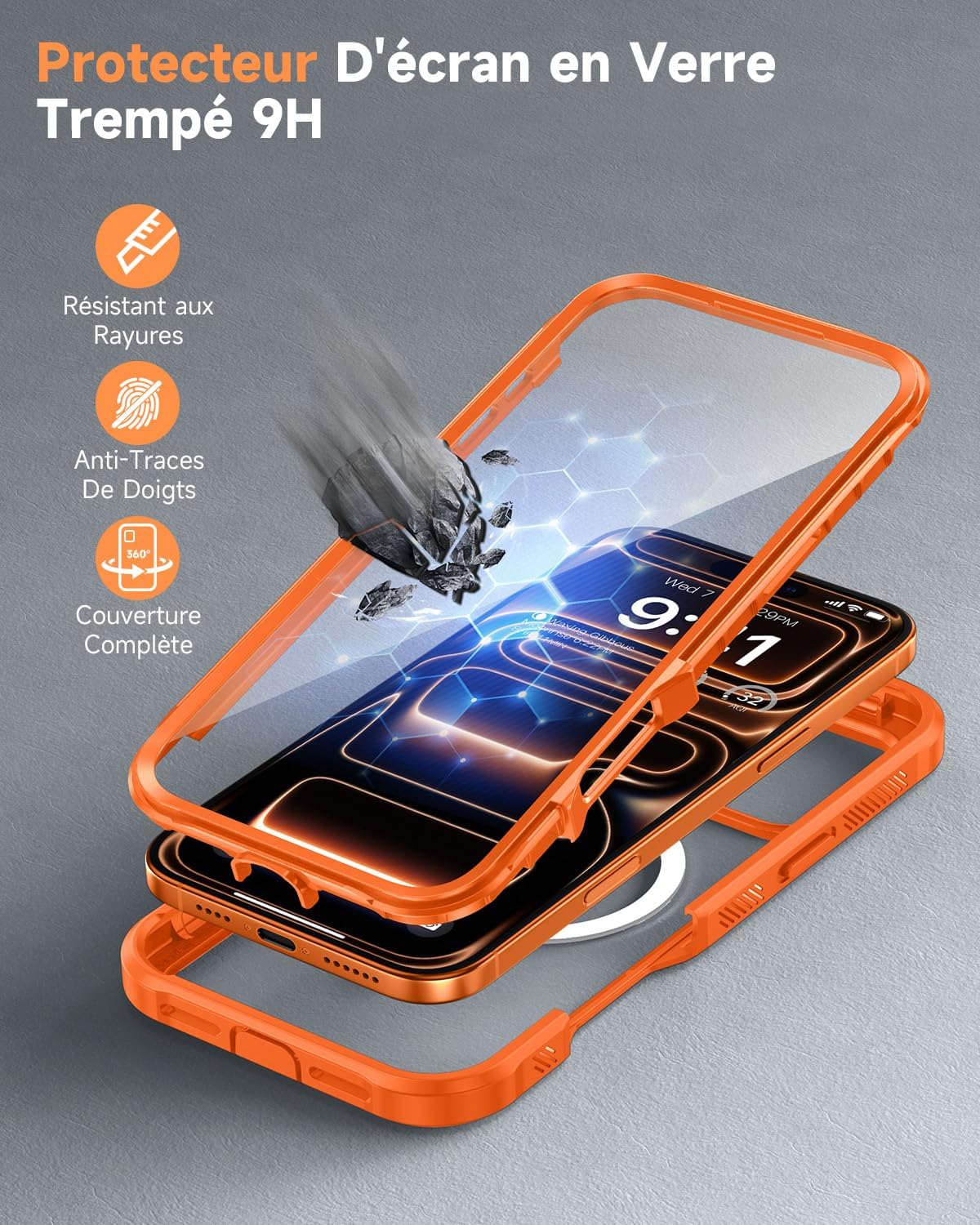 Detalle de Coque Magnétique Seacosmo pour iPhone 17 Pro – MagSafe, Protection 360° (Orange)