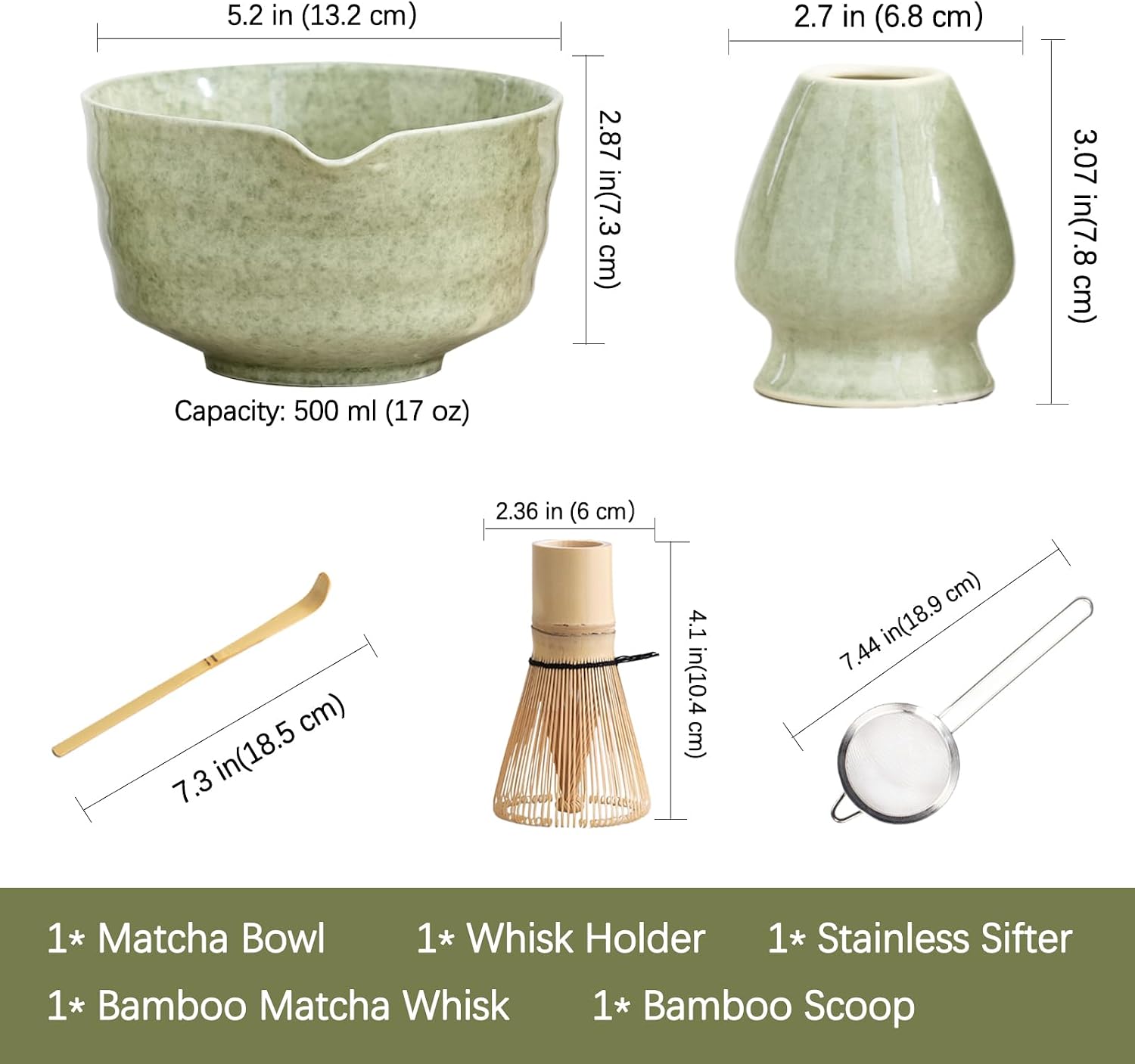 Detalle de Ochcahser Matcha Set with 17 oz Green Ceramic Bowl, Spout and Bamboo Tools