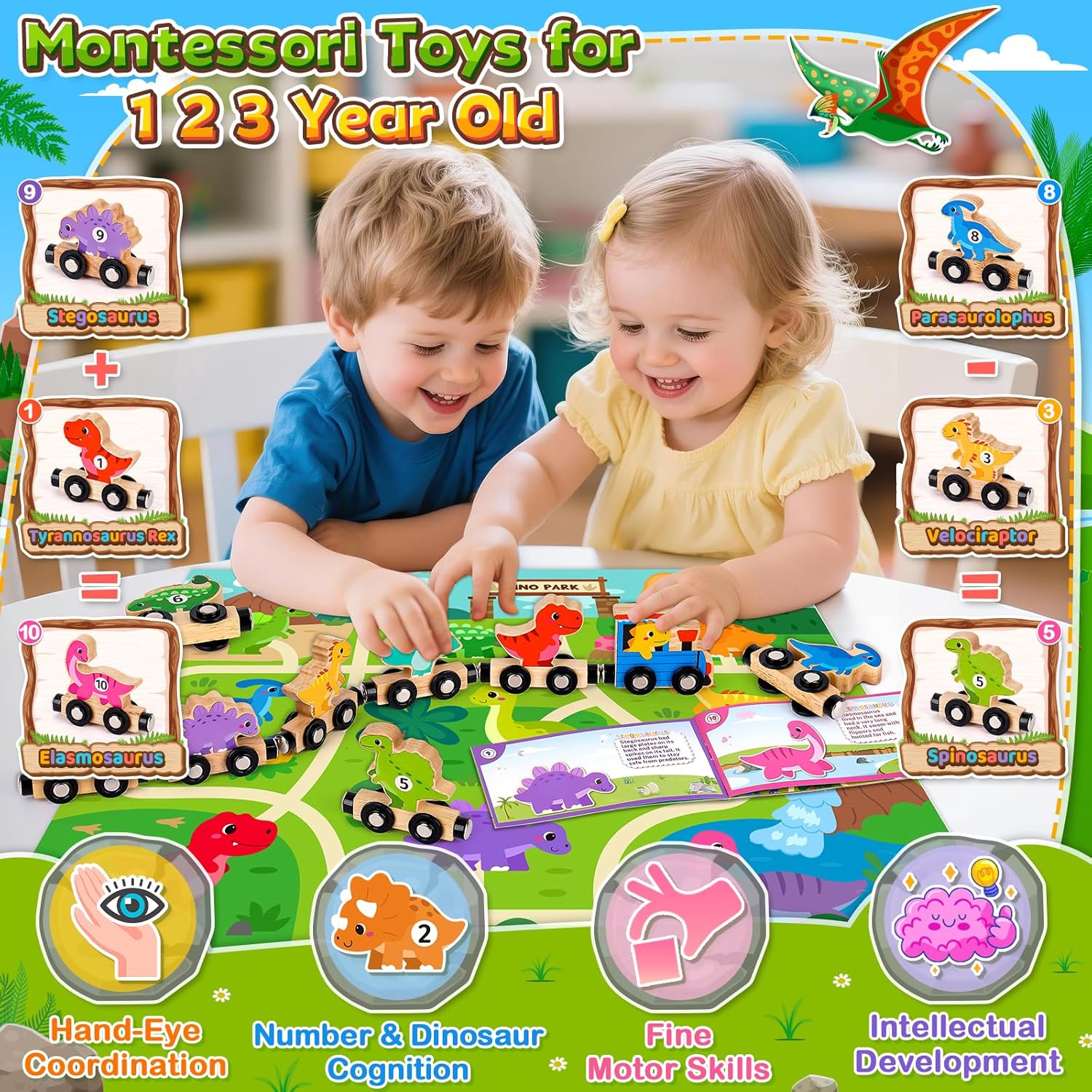 Detalle de Toddler Wooden Magnetic Dinosaur Train Set (11 cars) for ages 1–3