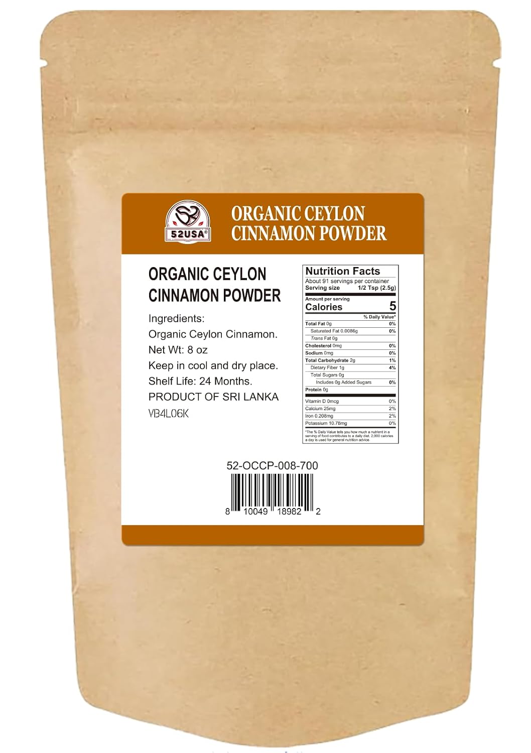 Detalle 2 de 52USA Organic Ceylon Cinnamon Powder, 8 oz, Low Coumarin, USDA & Kosher Certified