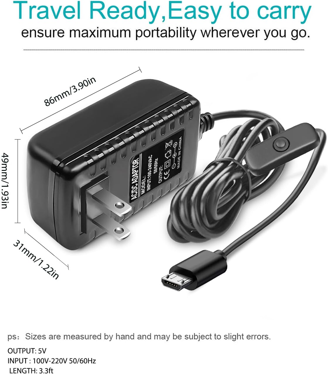 Detalle de ycwwzzh Raspberry Pi用電源アダプター 5V 3A、Micro USB Type B・製品長さ100cm