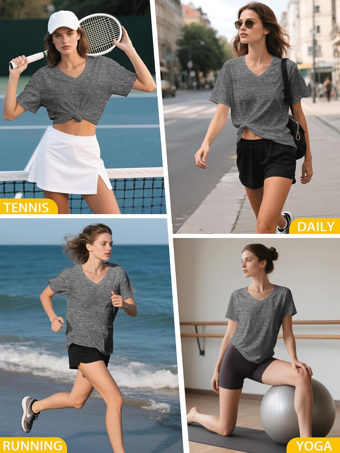 Detalle de Sportshirt Damen Kurzarm V-Ausschnitt UPF 50+ – atmungsaktives Fitness-T-Shirt im 5er-Pack