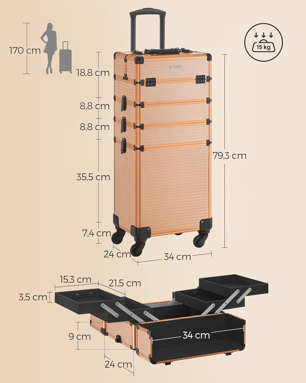 Detalle de SONGMICS Kosmetikkoffer Trolley 4-in-1 Schminkkoffer JHZ015A01 – extra groß, Champagnergold