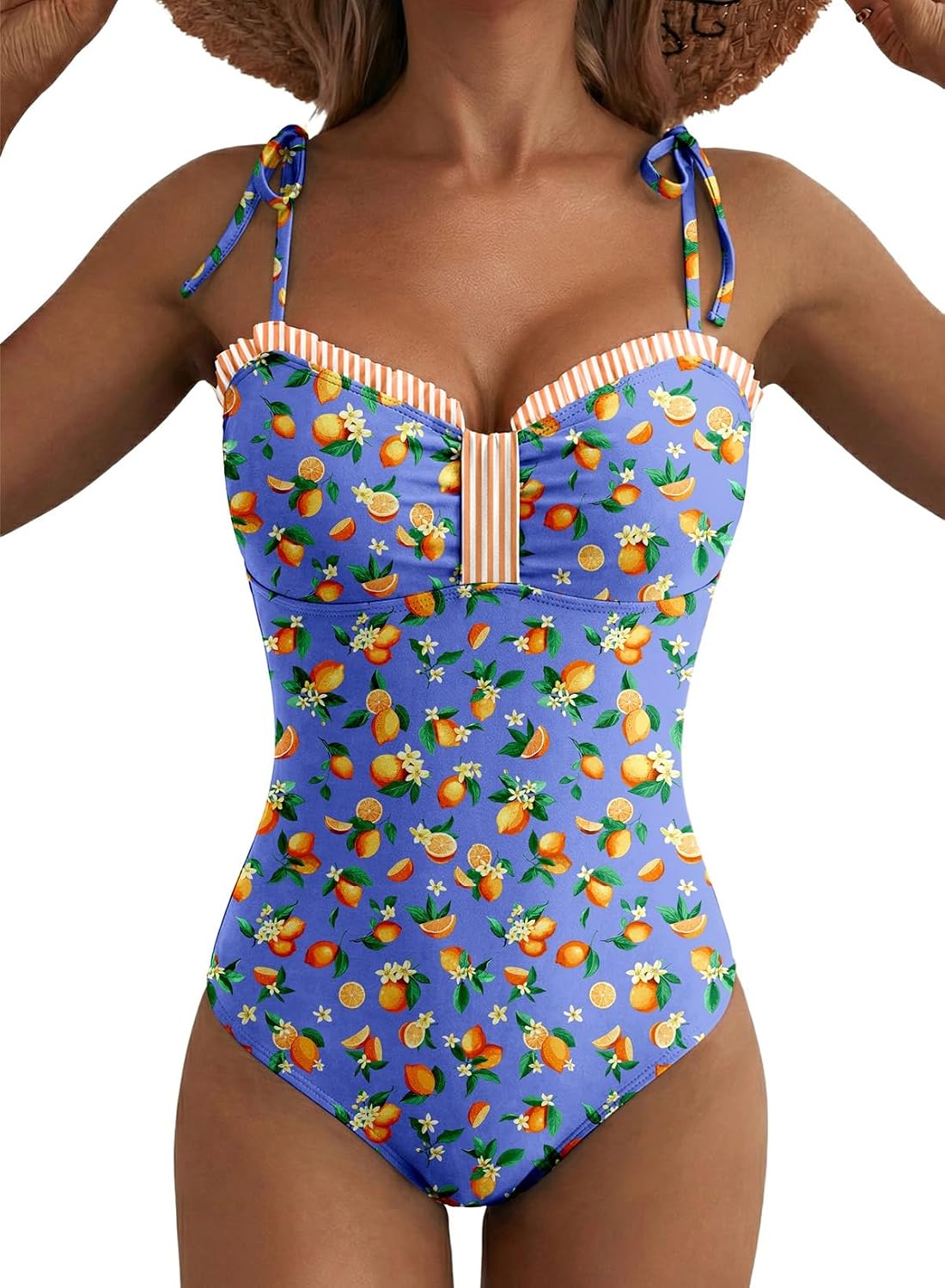 Detalle de Herseas Women’s Striped One Piece Swimsuit with Tie Shoulder and High Cut | 2026 Summer Swimwear