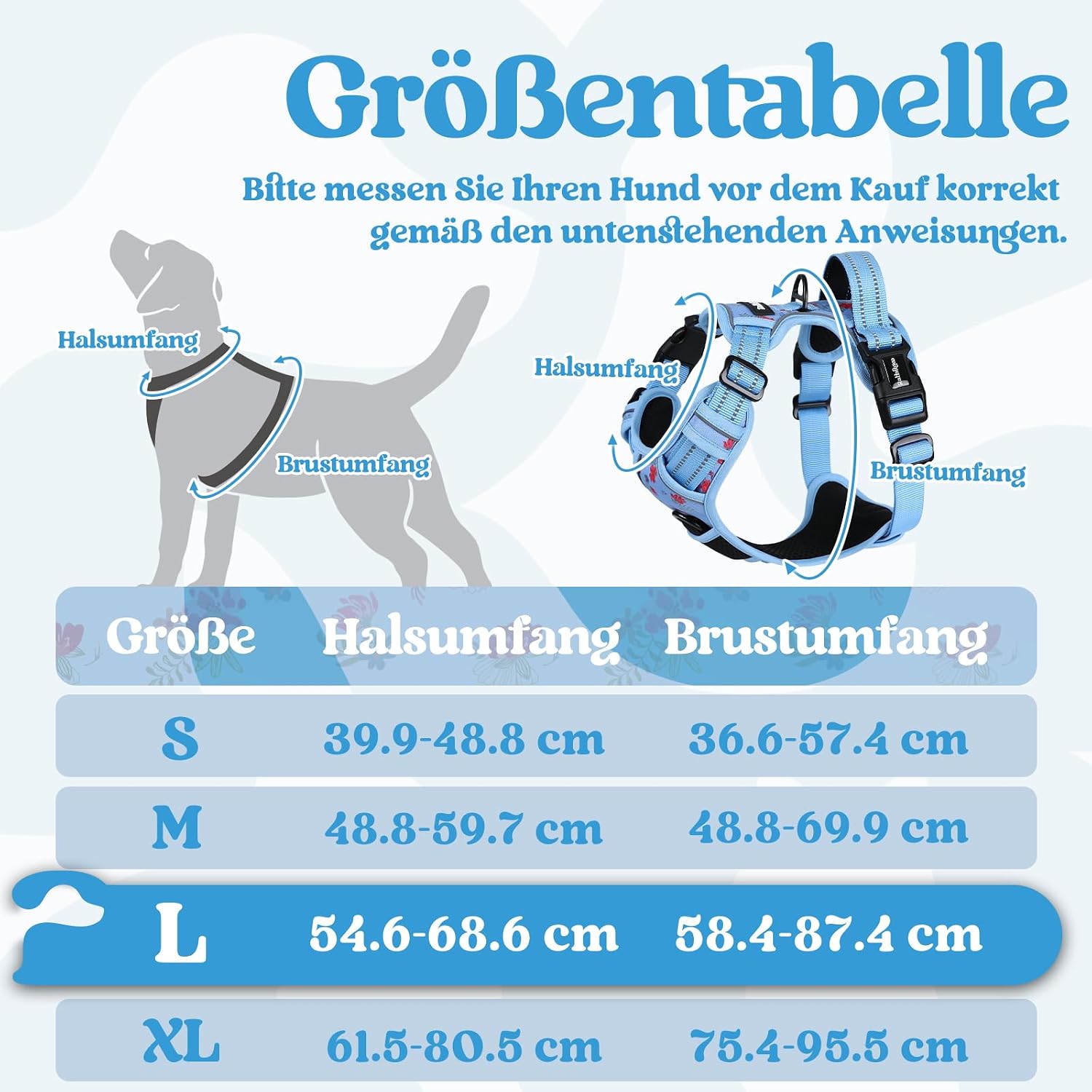 Detalle 2 de rabbitgoo Hundegeschirr für große Hunde (verstellbar, Anti-Zug) – mit Griff, reflektierend, weich gepolstert – Blumen Blau L