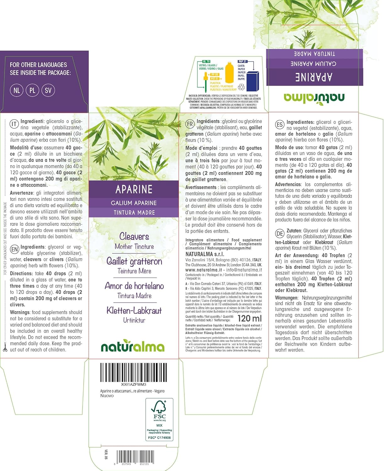 Thumbnail 1 de Aparine o attaccamani (Galium aparine) Tintura Madre analcoolica 120 ml di Naturalma – Integratore vegetale vegan