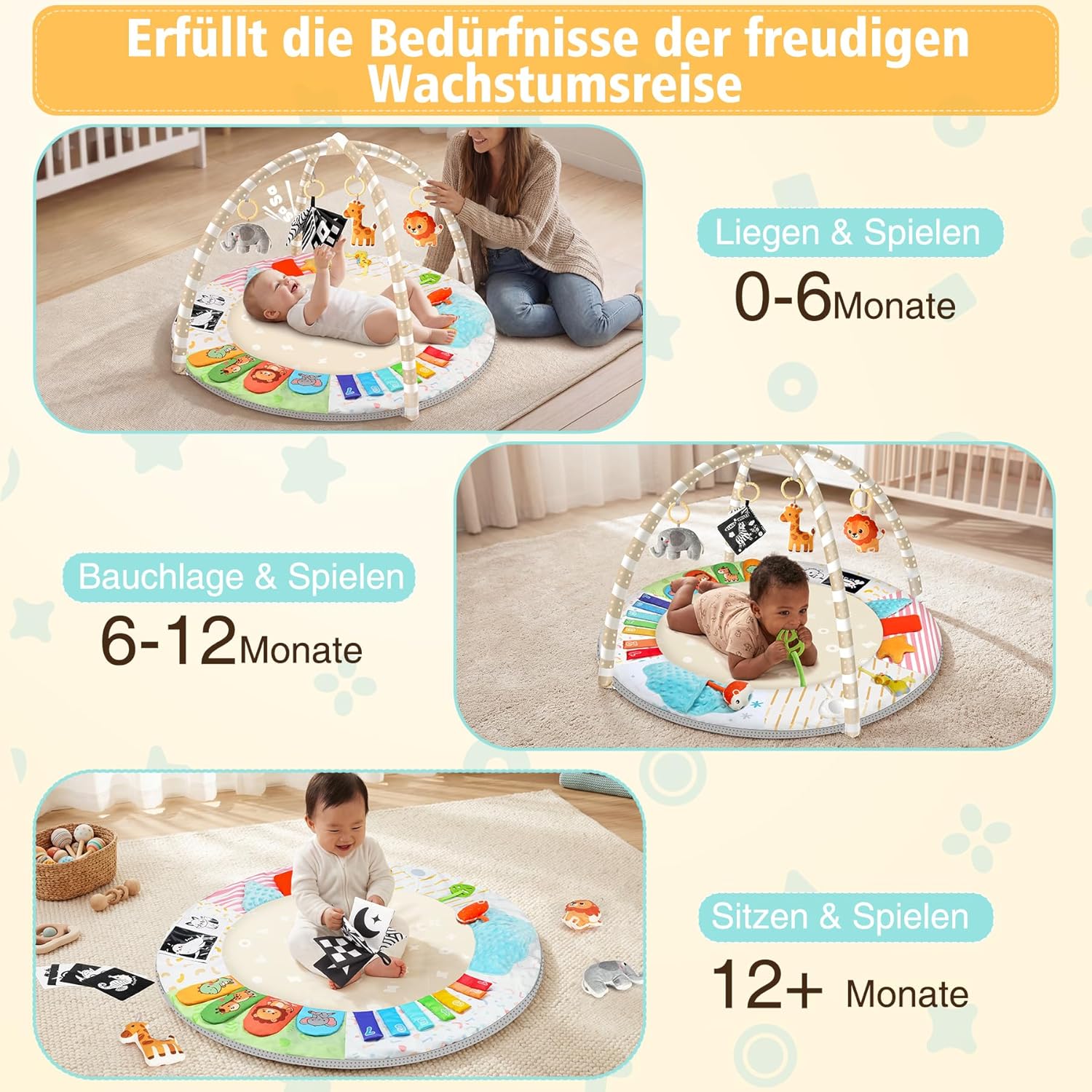 Thumbnail 3 de URMYWO Spielbogen Baby-Krabbeldecke mit 5 abnehmbaren Spielzeugen und 6 Entwicklungsregionen