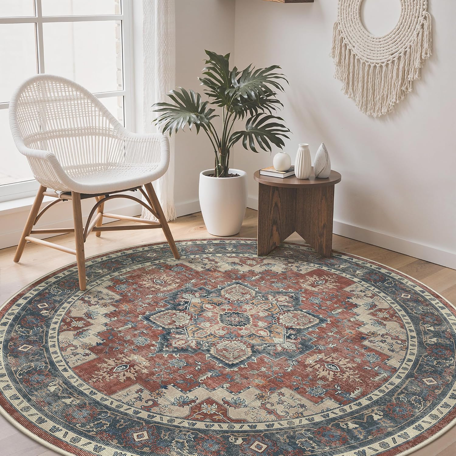 Detalle de GENIMO Vintage Teppich Rund 160 cm – Waschbar, Boho/Vintage, rutschfest, rot