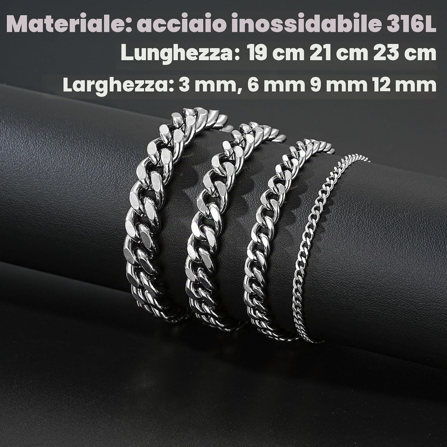Detalle de Esmoly Bracciale da Uomo in Acciaio Inossidabile 316L – Catena Cubana, 19/21/23 cm