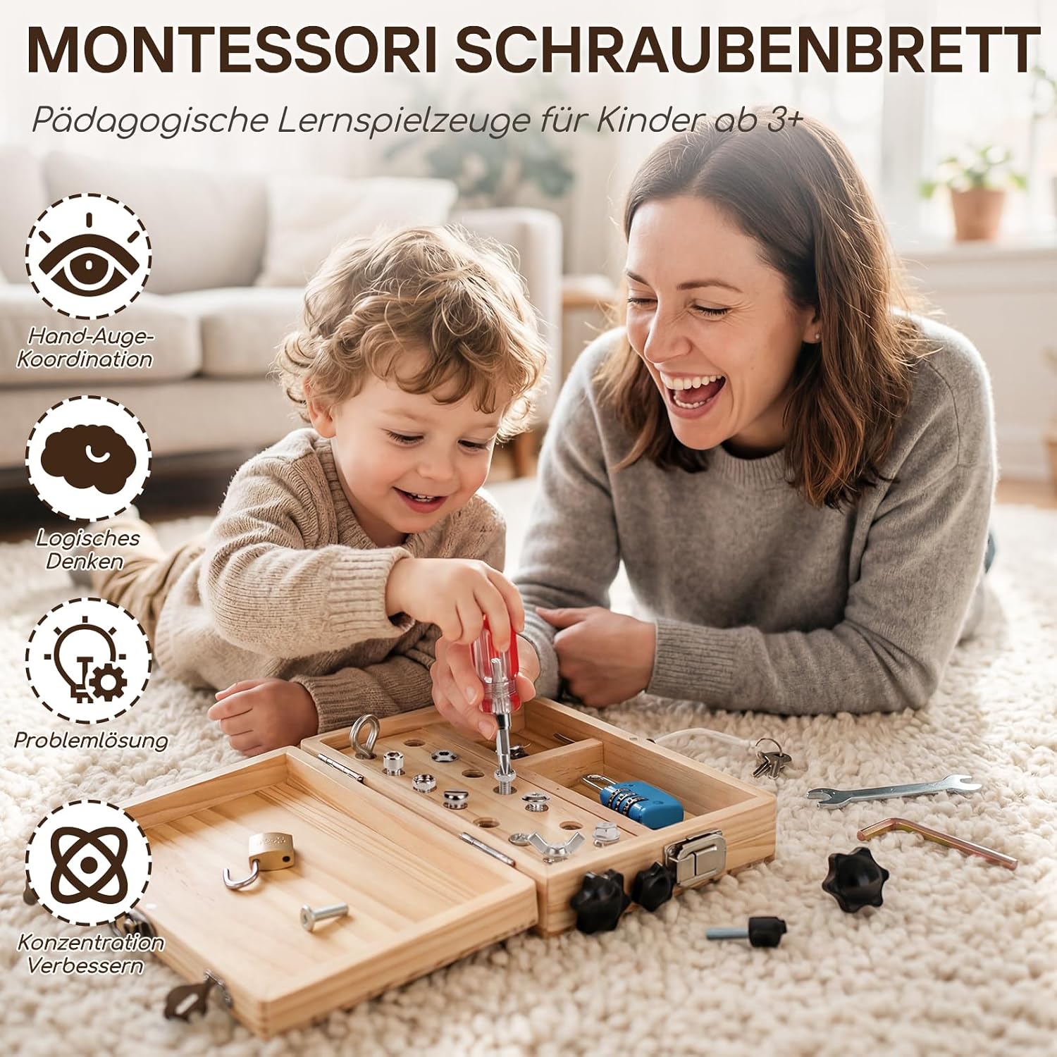 Detalle de Lehoo Castle Montessori Werkzeugkoffer – Motorik- und Entdeckungs-Spielzeug für Kinder ab 3 Jahren
