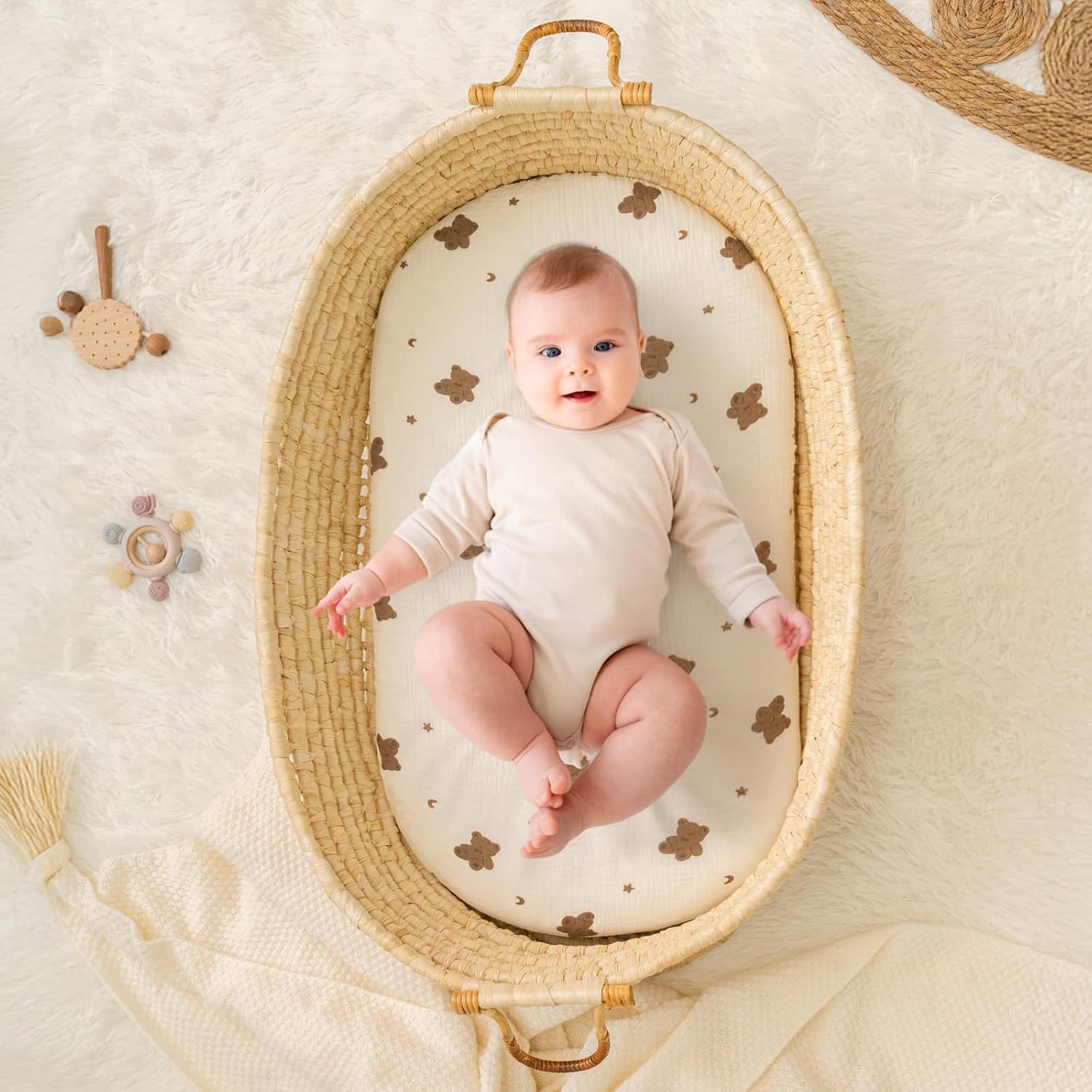 Detalle de Yukkidds Baby Moses Basket Sheets 81x41cm, 3 Pack – 100% Muslin Cotton, 360° Elastic Fit