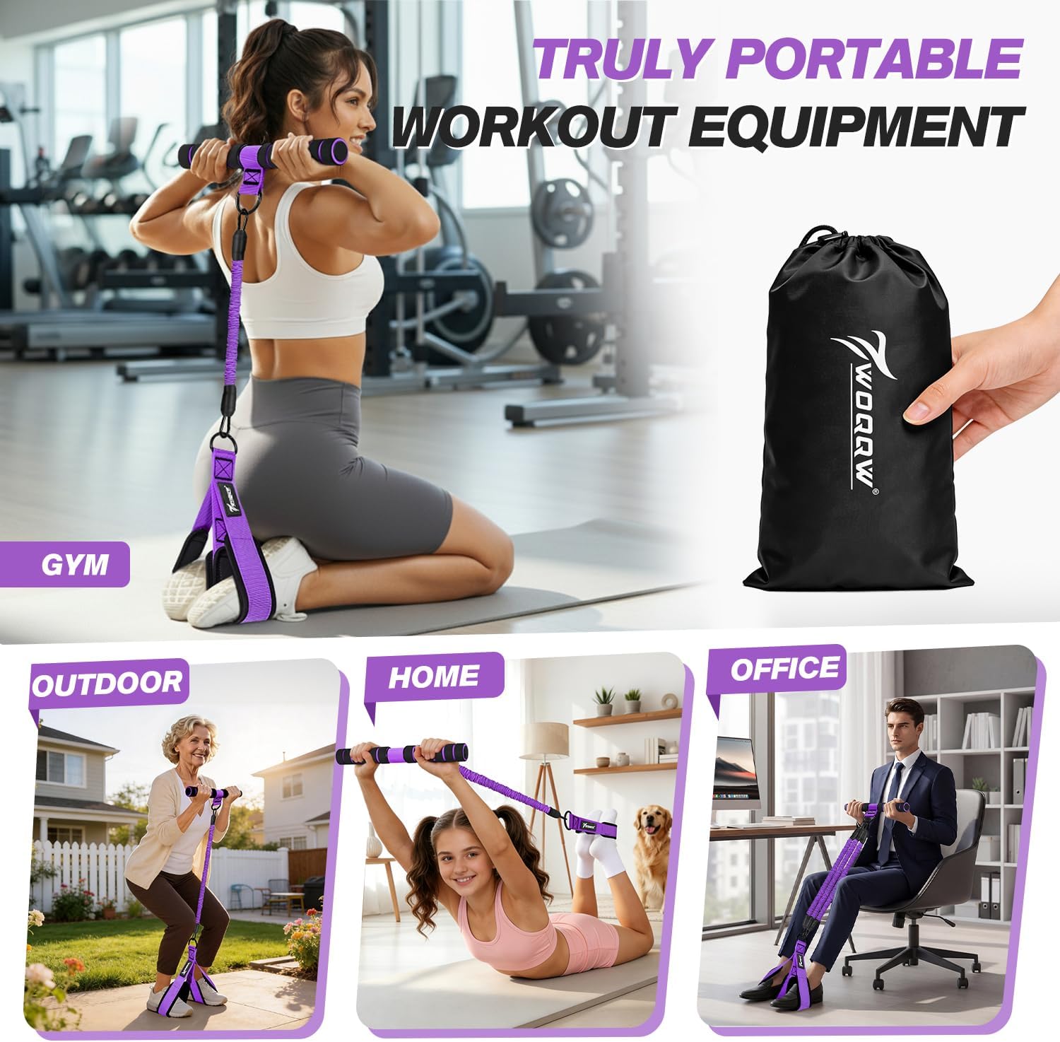 Detalle de WOQQW Multifunction Pedal Resistance Band with Handle – Upgraded 3-Tube Foot Pedal Band for Core, Arms, Legs and Back