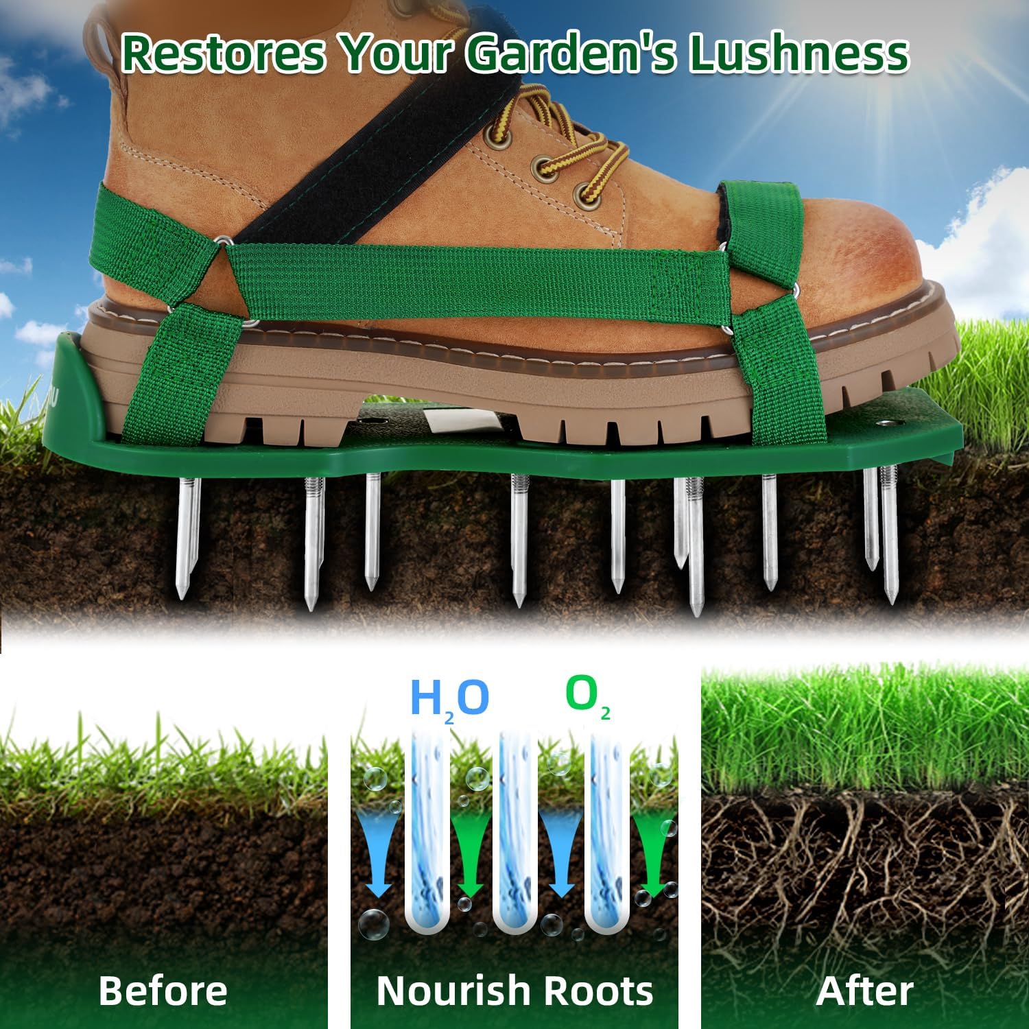 Detalle 2 de Ohuhu Lawn Aerator Shoes for Glass: Free-Installation Spike Sandals with Stainless Shovel