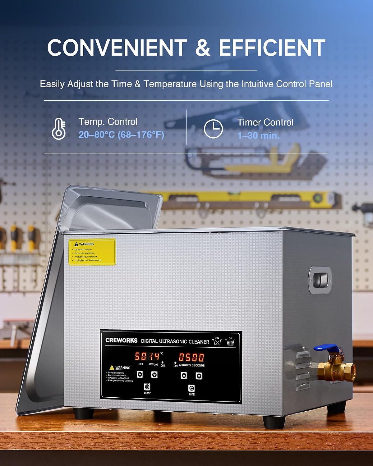 Detalle de CREWORKS 15L Digital Ultrasonic Cleaner, 4-Gallon, 360W with Heater and Timer