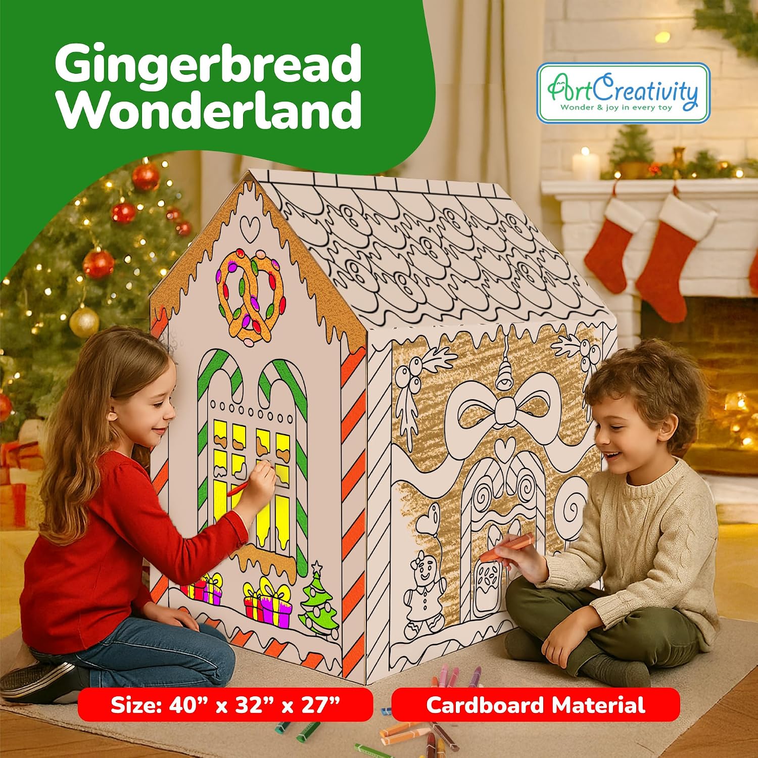 Thumbnail 1 de ArtCreativity Gingerbread House Cardboard Playhouse with 24 Crayons