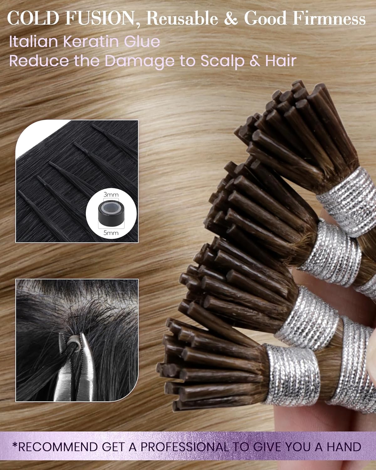 Detalle de LaaVoo I Tips Real Human Hair Extensions – Balayage Brown to Ash Blonde (18in, 50g, 60s)