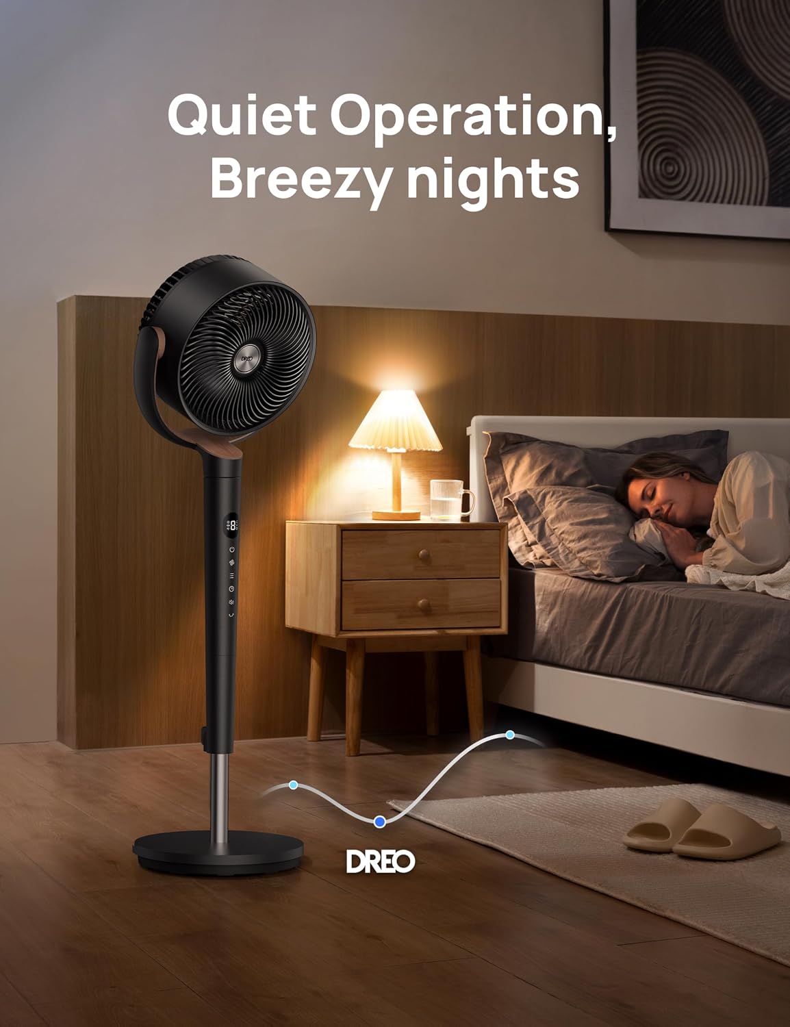Detalle 2 de Dreo Fan for Bedroom 120° Oscillating Standing Fan with DC Motor, 9 Speeds, 9H Timer (Quiet Pedestal Fan)