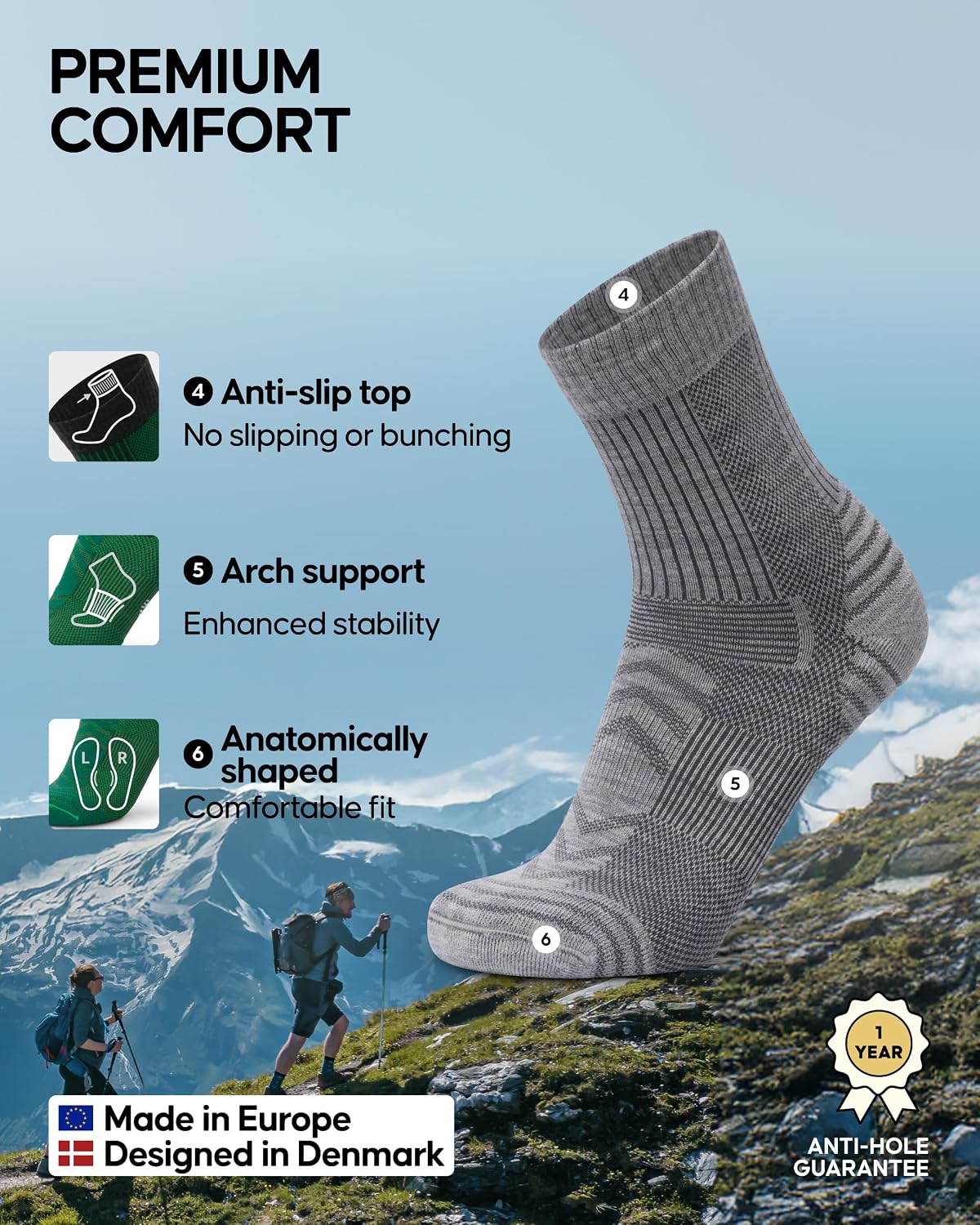 Thumbnail 2 de DANISH ENDURANCE Hiking Socks – Lightweight Merino Wool, Anti-Blister Cushioning, Unisex (3 or 5 Pack)