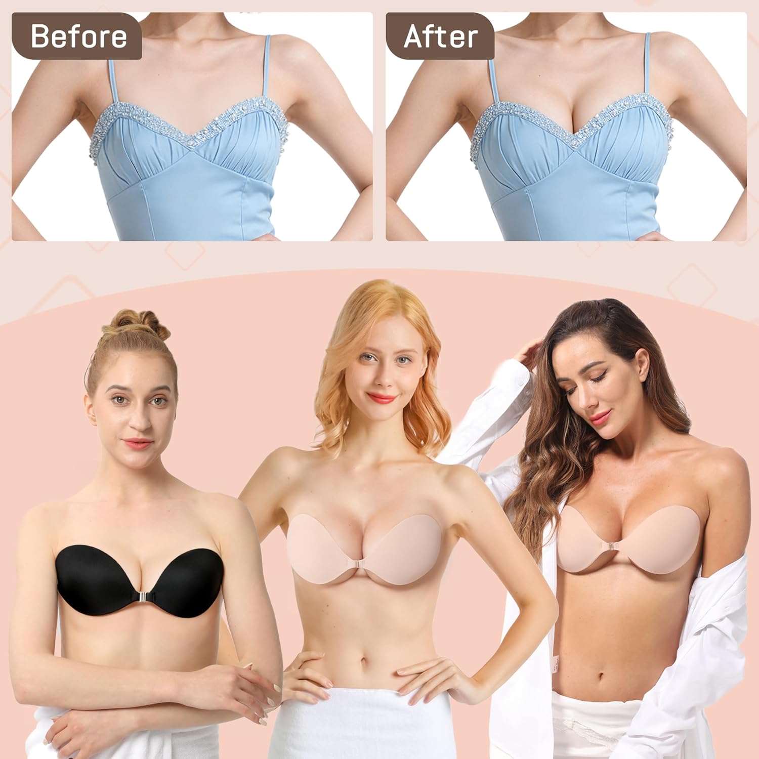 Thumbnail 3 de GKHWON Sticky Push Up Strapless Adhesive Bra (Invisible Silicon, Nipple Cover) for Backless & Summer Dresses