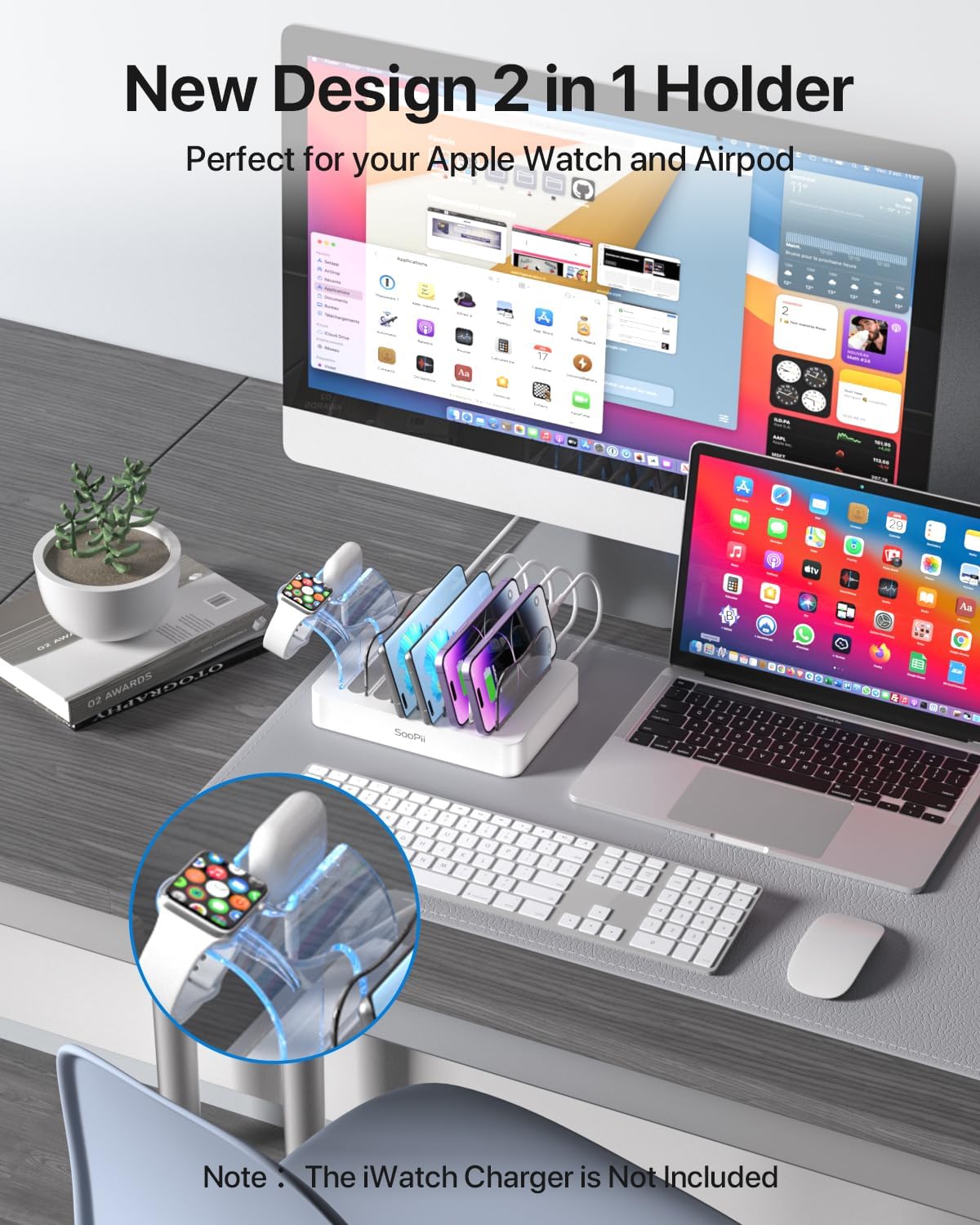 Detalle de SooPii 6-Port USB Charging Station Organiser (50W) with Cable Set and i-Watch/AirPods Holder, White