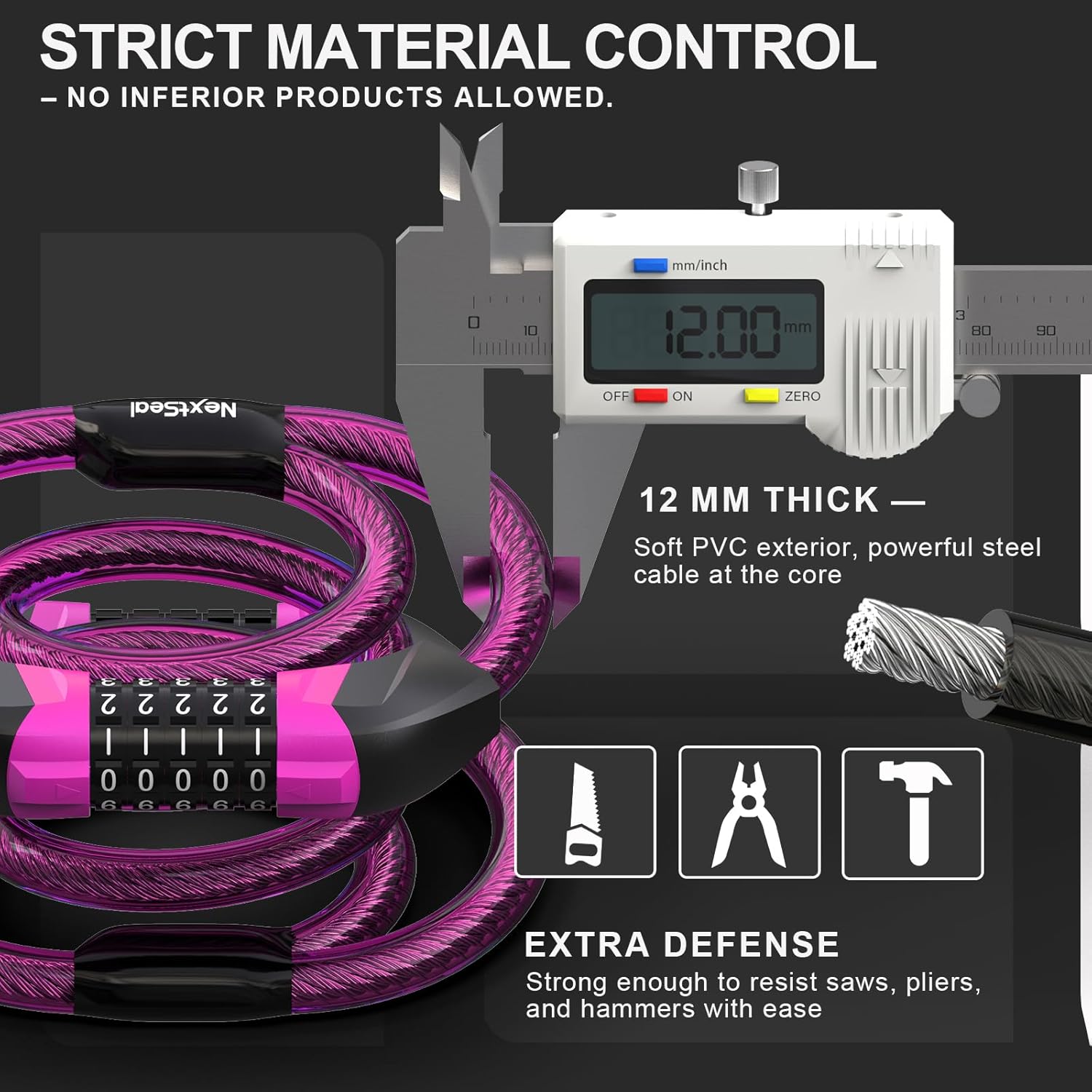 Thumbnail 3 de NextSeal E-Scooter Schloss mit Doppel-Zahlenschloss, 5-stelligem Code und 12-mm-Kabel (105 cm)