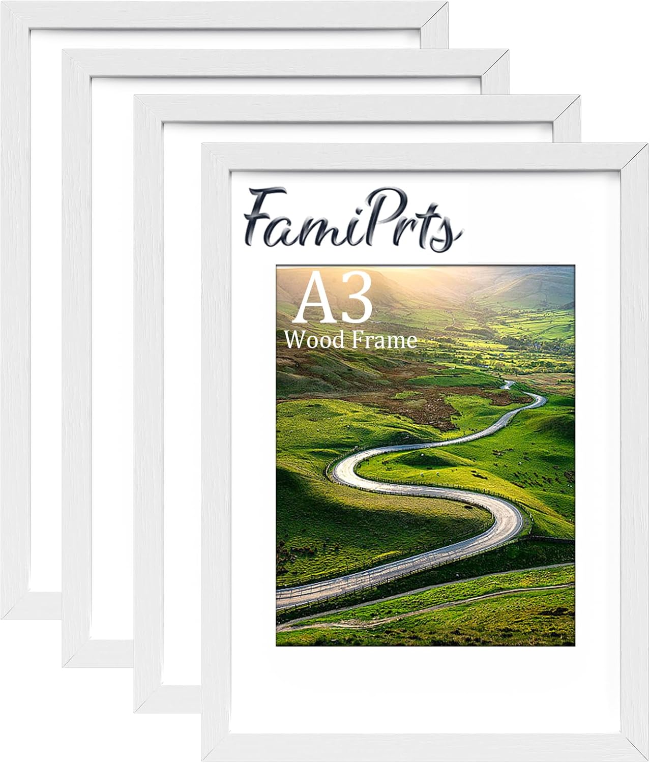 Detalle de FamiPrts 4-Pack A3 Picture Frame – Wooden White, Dual Orientation with Wall Hooks