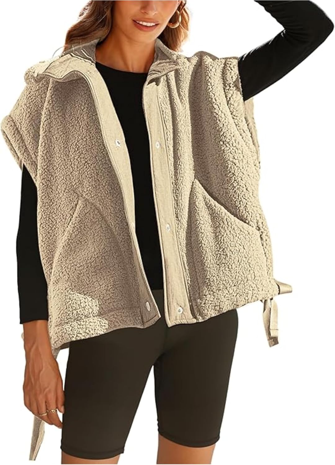 Detalle de OPCAKM Women's Sherpa Fleece Vest with Button Front, Pockets and Drawstring Hem