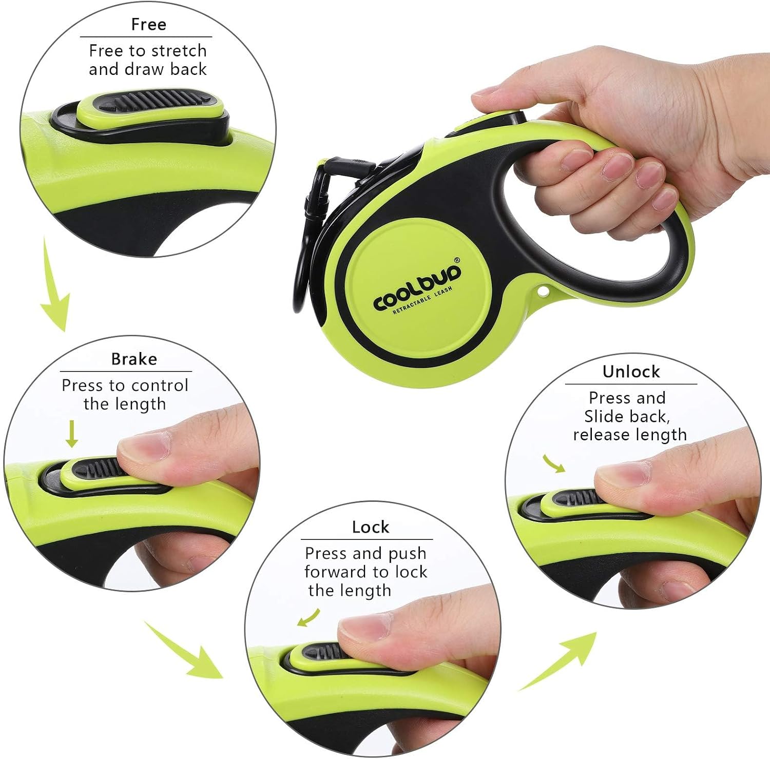 Detalle de Hurluksi Retractable Dog Lead 5m / 16ft Extendable (Up to 50kg) with Anti-Slip Handle and Quick Brake (Green)