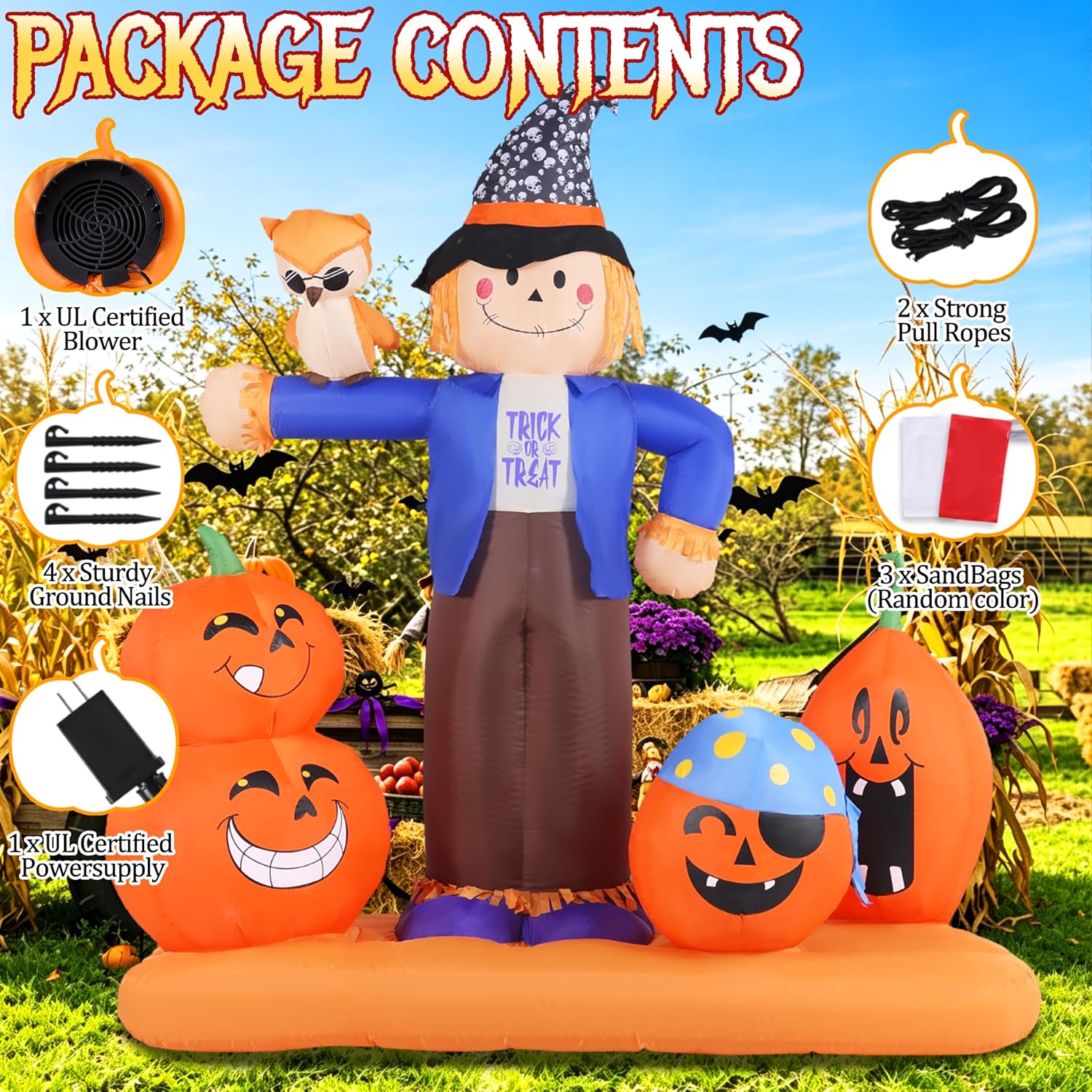 Detalle 2 de GIFTFIND Halloween Inflatable Scarecrow with Pumpkins, Owl, and LED Lights