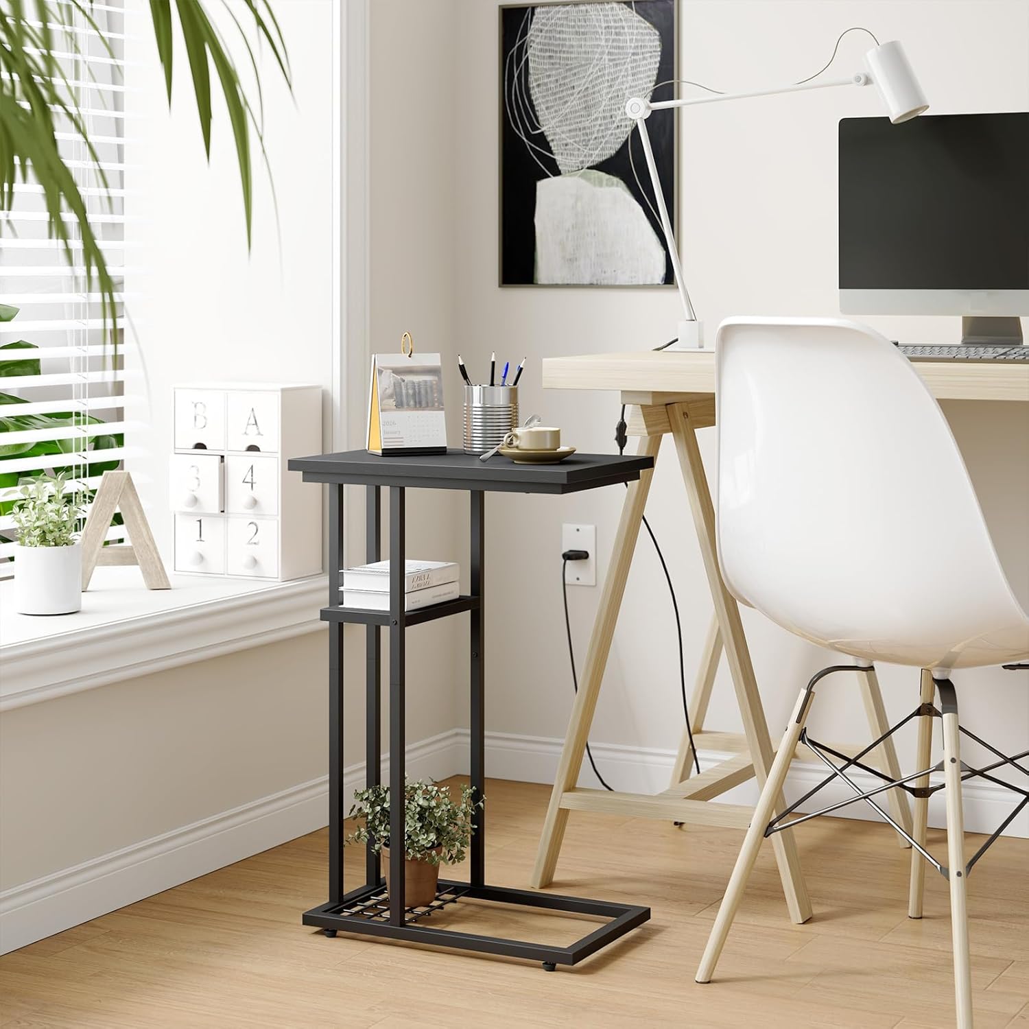 Thumbnail 4 de YMYNY Tavolini bassi Laterale da Divano – Tavolo da Caffè con Ripiano Portaoggetti, Forma a C, Stile Industriale, 40 x 26 x 61,5 cm, Nero HST004B