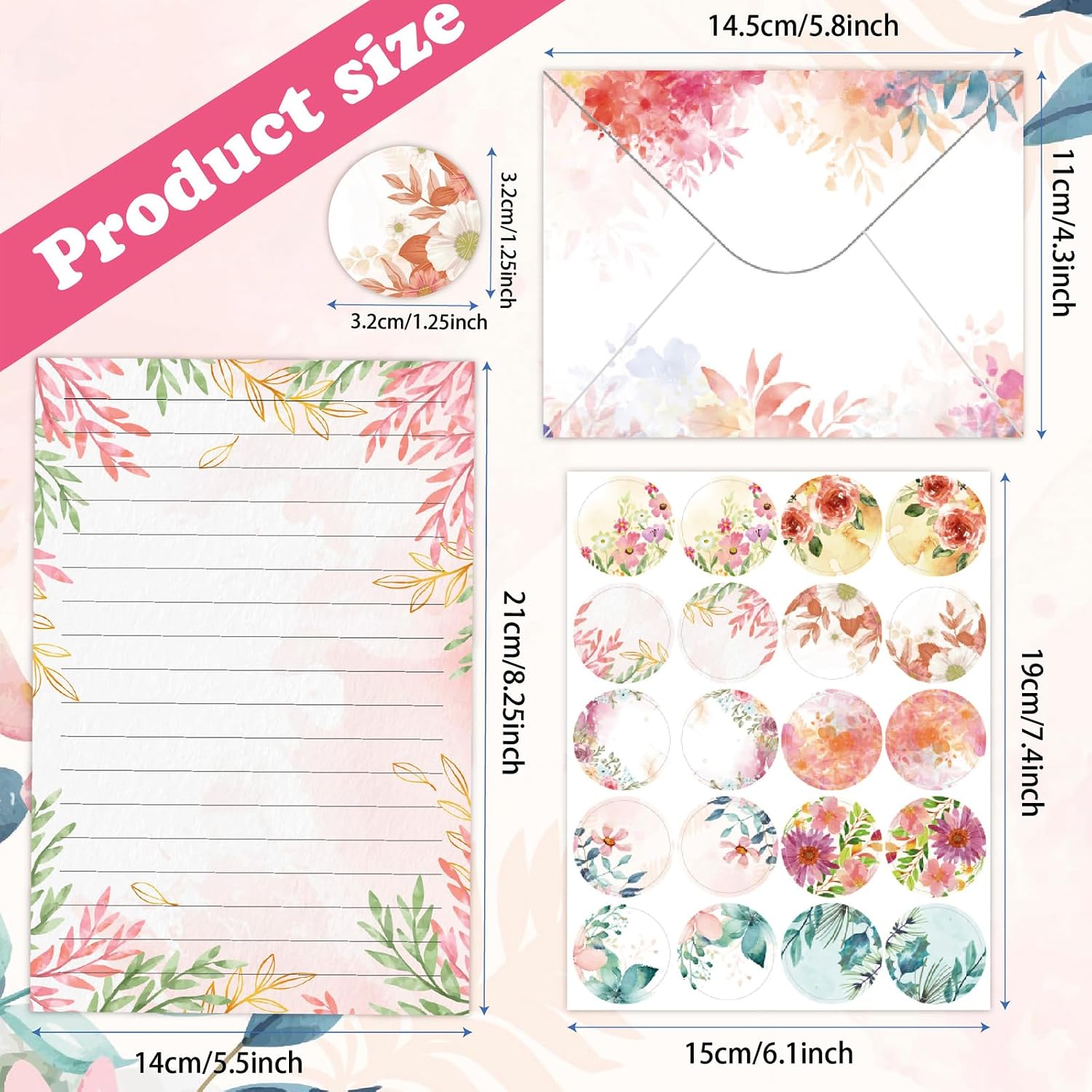Detalle 2 de DxJ 65-Piece Floral Stationery Set with 30 Sheets, 15 Envelopes and Stickers