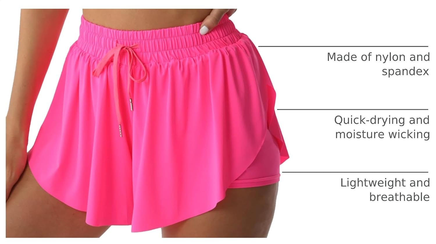 Detalle de Flowy Athletic Shorts for Women (2-in-1 Double Layer) — Running, Tennis, Butterfly Style