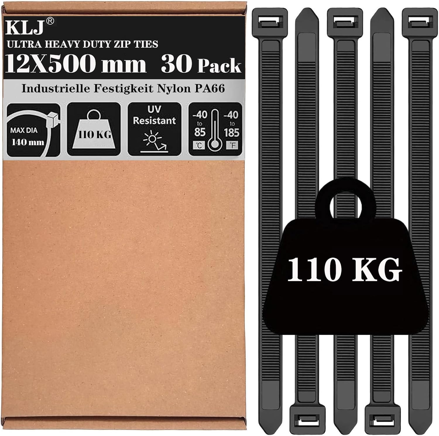 Detalle de KLJ 500x12mm kabelbinders, zwart, PA66-nylon, 500 mm en 110 kg treksterkte